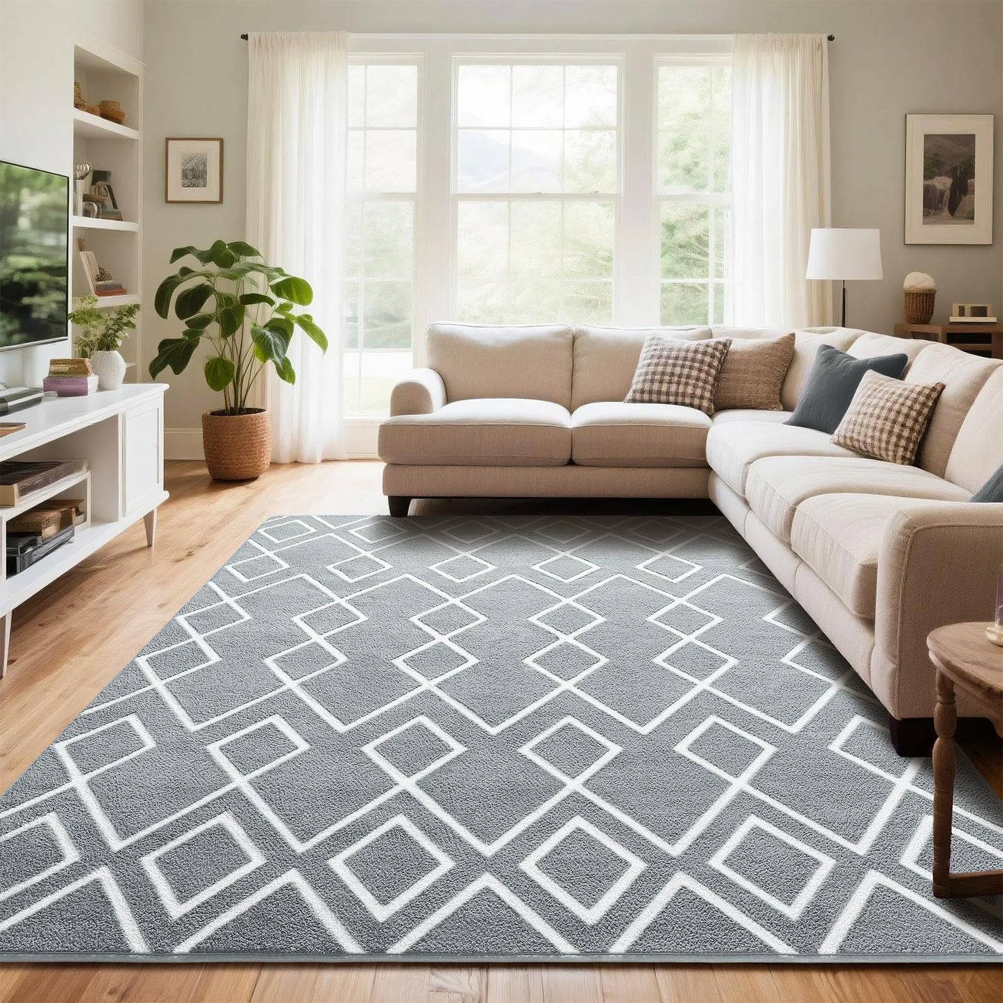 Rtizon Soft Area Rug for Bedroom, 5x7Ft Moroccan Rugs for Living Room, Geometric Non-Slip Carpet with Memory Foam for Boys Girls's Bedside Office Dorm Hallway, Grey and White