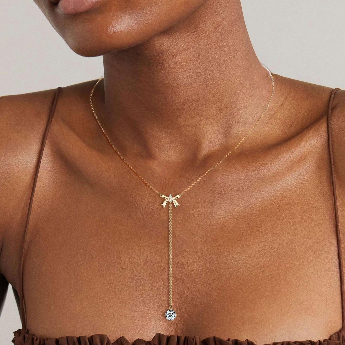 AINUOSHI Moissanite Bow Lariat Necklace for Women 14k Gold Plated 925 Sterling Silver Y-Shaped Linear Drop Chain Necklaces Dainty Long V-Neck Layered Necklaces Anniversary Birthday Gifts for Wife Her
