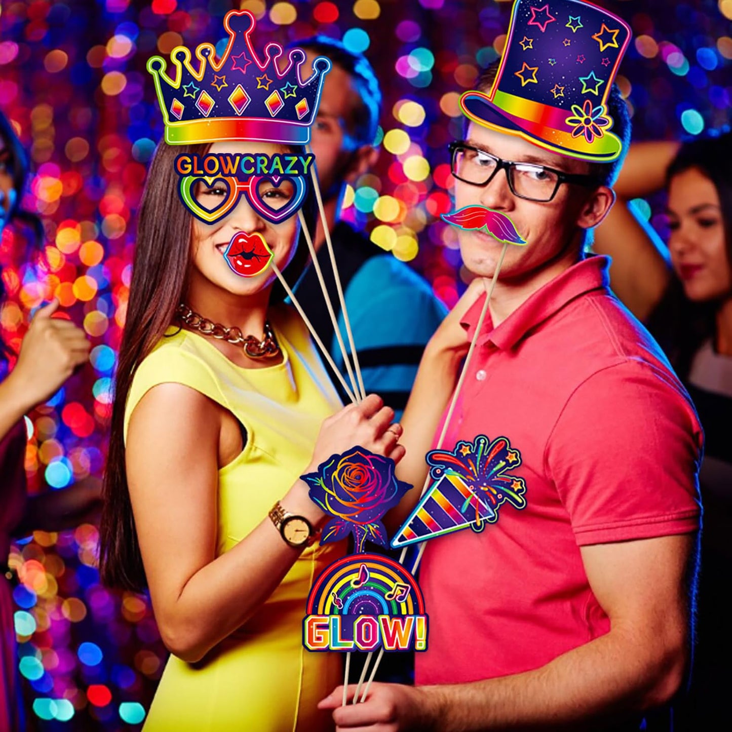 LMSHOWOWO 30PCS Neon Photo Booth Props, Glow Inflatable Photo Booth Frame, Funny Selfie Props for Neon Party Accessories Let's Glow in The Dark Birthday Party Wedding Carnival