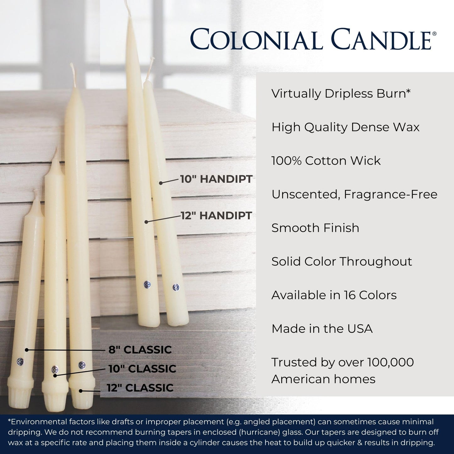 Colonial Candle Unscented Taper Candle, Classic Collection, Black, 10 in, Pack of 12 - Up to 8 Hours Burn