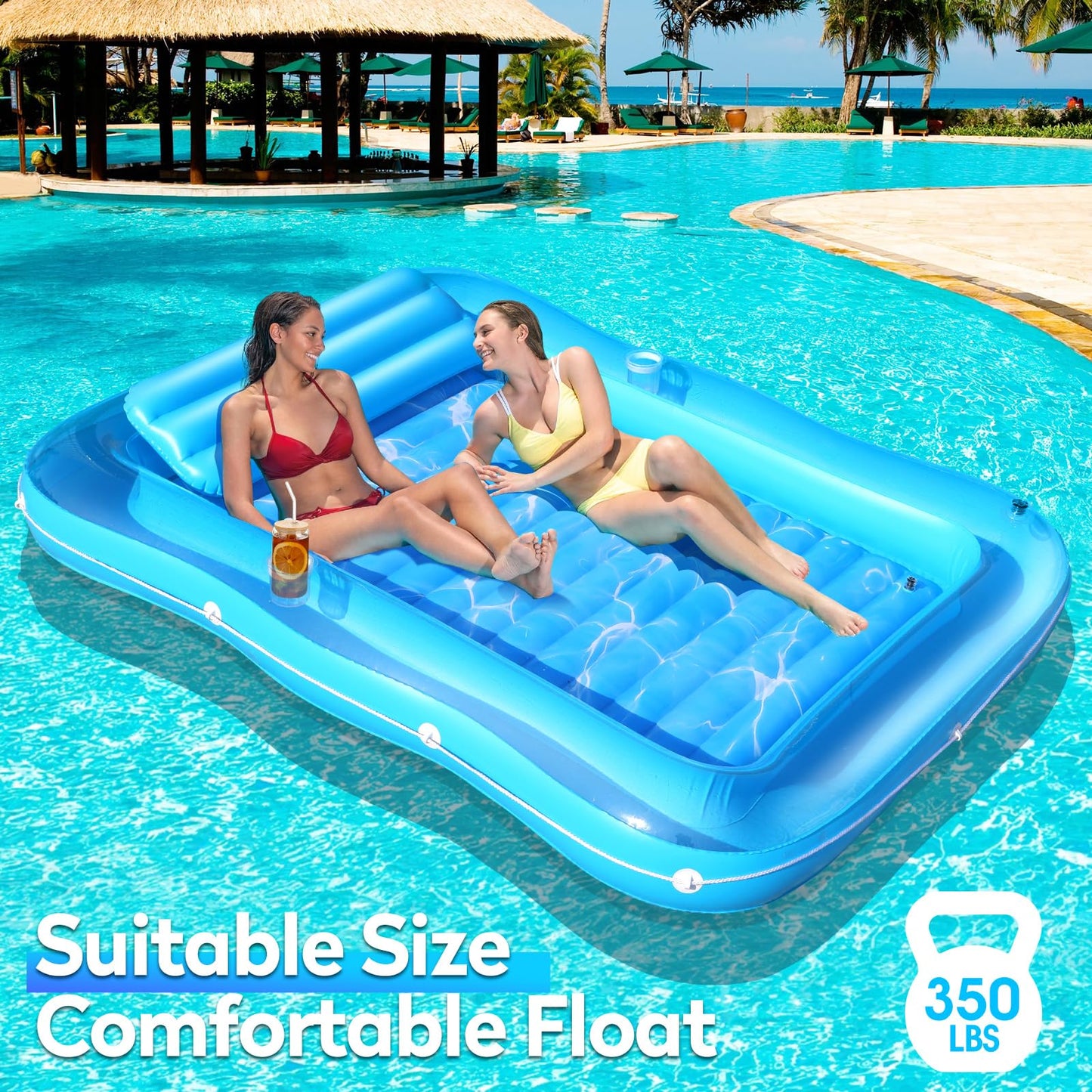 Junbig Inflatable Tanning Pool for 2 Person, 81''x 60'' Tanning Pool Lounger Float with Pillow, Thicken Sutan Tanning Bed Pool Floats Adult w/2 Cup Holders, Water Tanning Pools for Backyard Lake Party