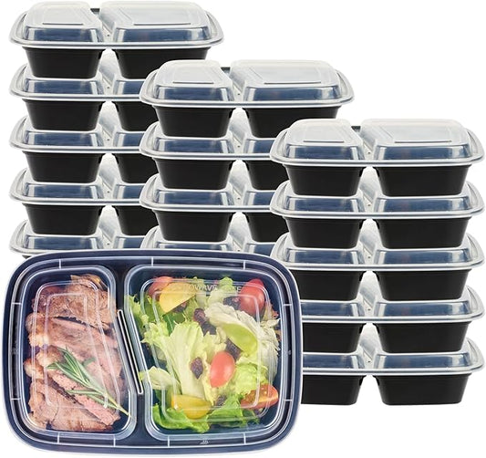 Restaurantware Asporto 32 Ounce Compartment Take Out Boxes 100 Microwavable Meal Prep Containers - 2 Compartments With Clear Plastic Lids Black Plastic Food Containers Do Not Contain BPA