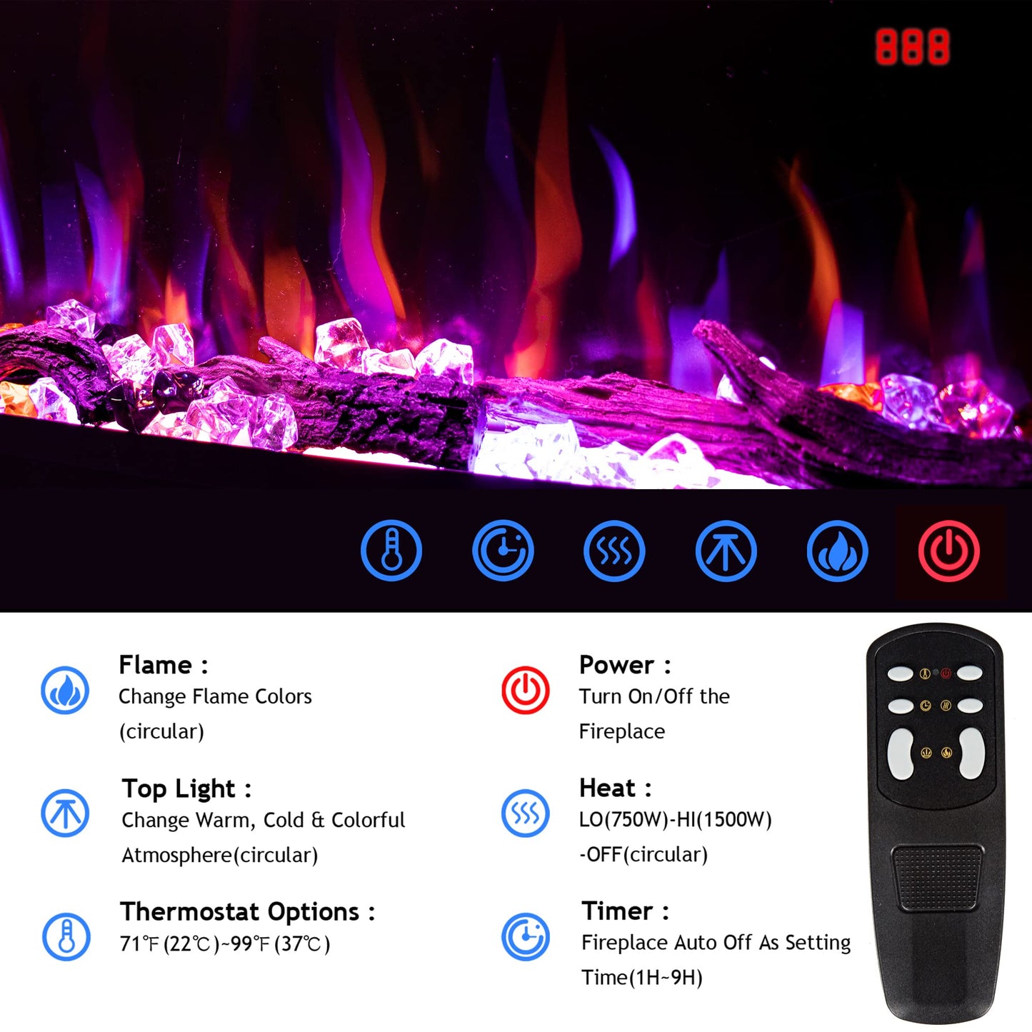 Dreamflame 74 inch Electric Fireplace, Smart Fireplace Insert recessed in Wall and Wall Mounted fire Place Heater with Metal Frame, Multicolor Flame & Realistic logs，Thermostat& Timer, 1500W, Black