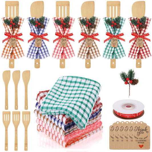 Acellegic 6 Set Mother's Day Kitchen Gifts Bulk Wooden Spatulas and Spoons with Waffle Towels, Christmas Needles, Thank You Tags & Ribbon for Housewarming Kitchen Decoration