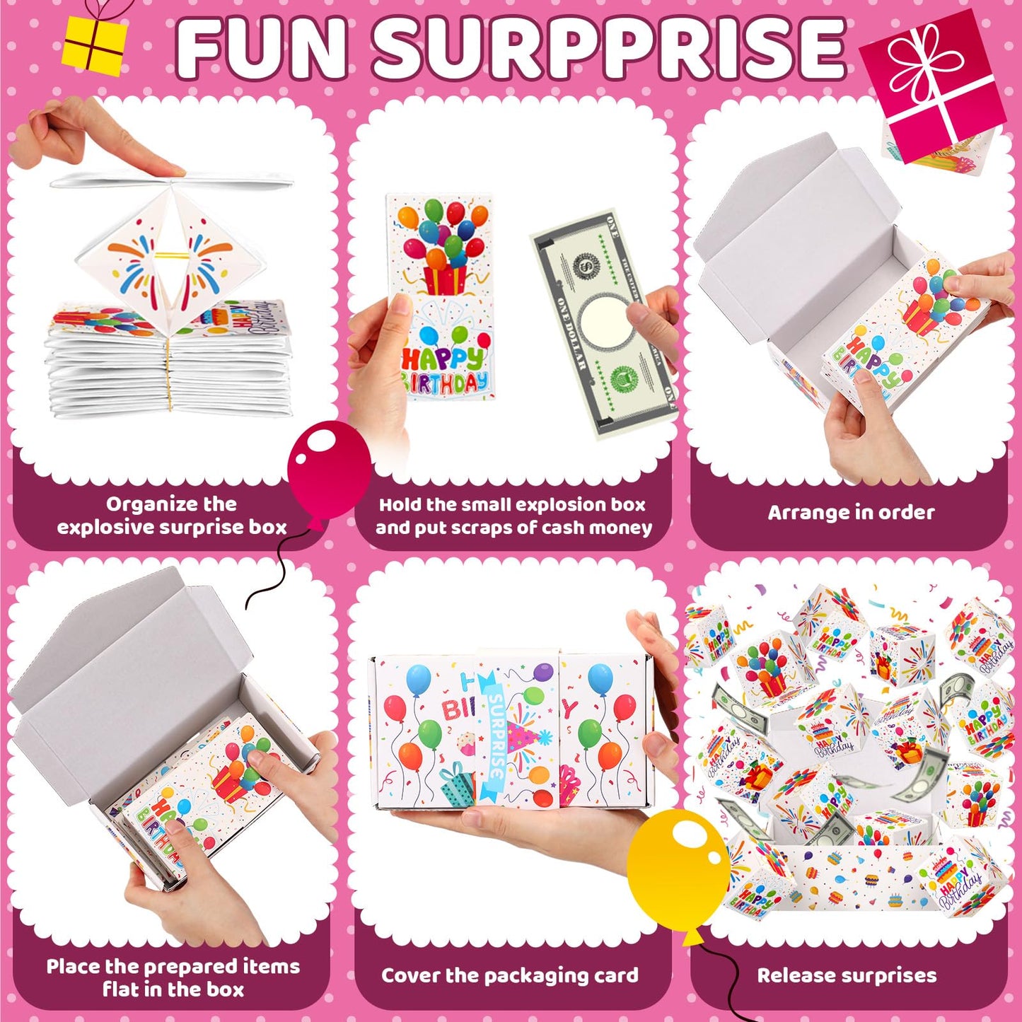 Tenceur 14 Pcs Happy Birthday Exploding Gift Box Set 12 Bounces Boy or Girl Folding Bouncing Gift Box Funny Pop out Money Cash Explosion Gift Box for Women Men Kids Birthday Party Gifts Favors