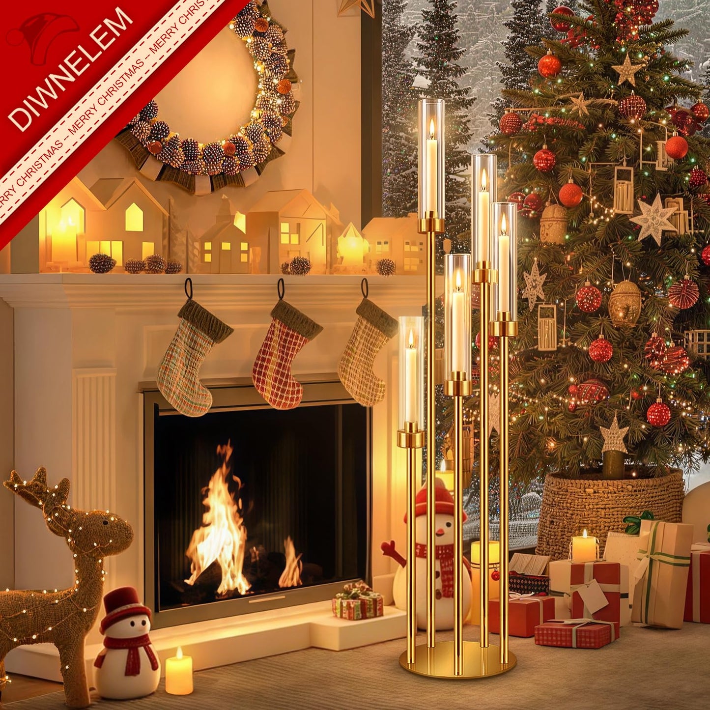 DIWNELEM 4 Pcs Gold Candelabra Centerpieces 5 Arm 42" Tall Metal Candle Holder Floor Candelabra Wedding Centerpieces Metal Candlestick Holders with Acrylic Removable Lampshade for Christmas Decoration"
