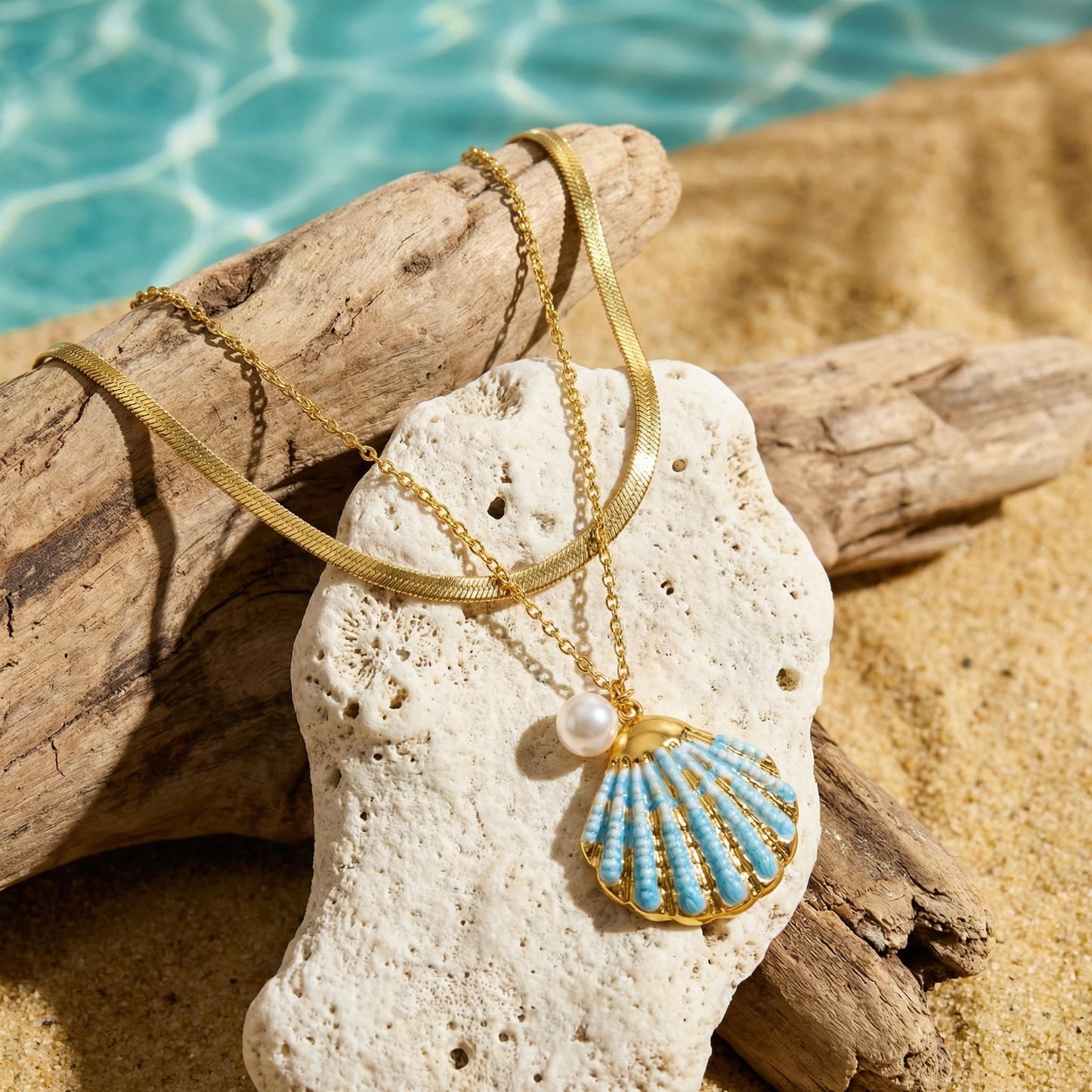 Harlermoon Gold Starfish Necklace for Women - 18K Gold Plated Stainless Steel Ocean Beach Jewelry, Sea Turtle Shell Pearl Pendant, Waterproof Non Tarnish Snake Chain Choker, Summer Vacation Mermaid Gifts (Large Shell Snake Chain)