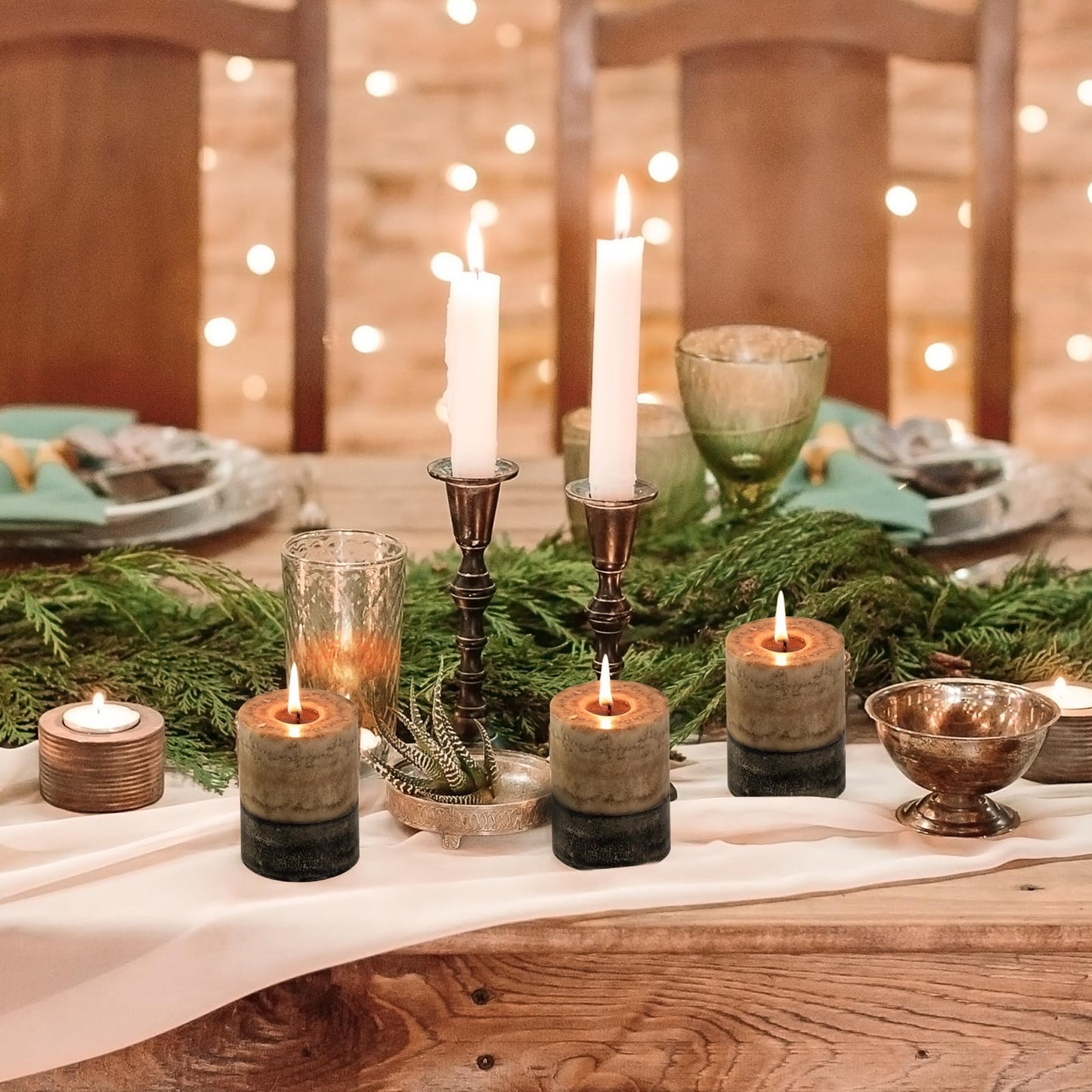 KONNI Coffee Layered Pillar Candles Set of 3, 3"x 4" Unscented Pillar Candles Bulk, 39 Hours Long Burning Candles, Smokeless&Dripless Round Candle for Wedding, Home Decoration, Parties, Spas, Dinner