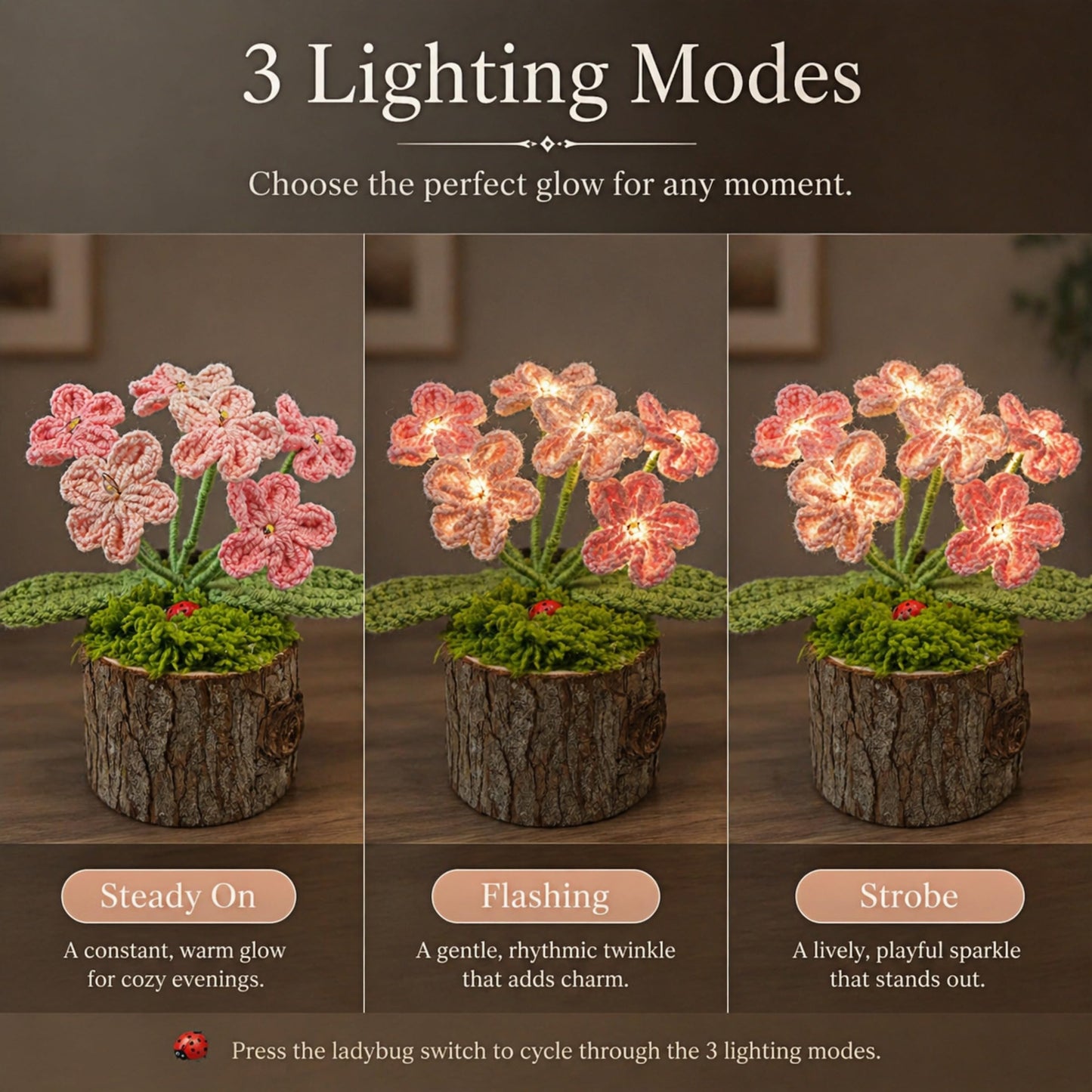 Tisuvimy Handmade Crochet Forget-me-not Flowers Night Light Knitted Flower with Wooden Pot Home Desktop Decorations Gifts for Women Friends Lovers Classmates (Pink Forget-me-nots)