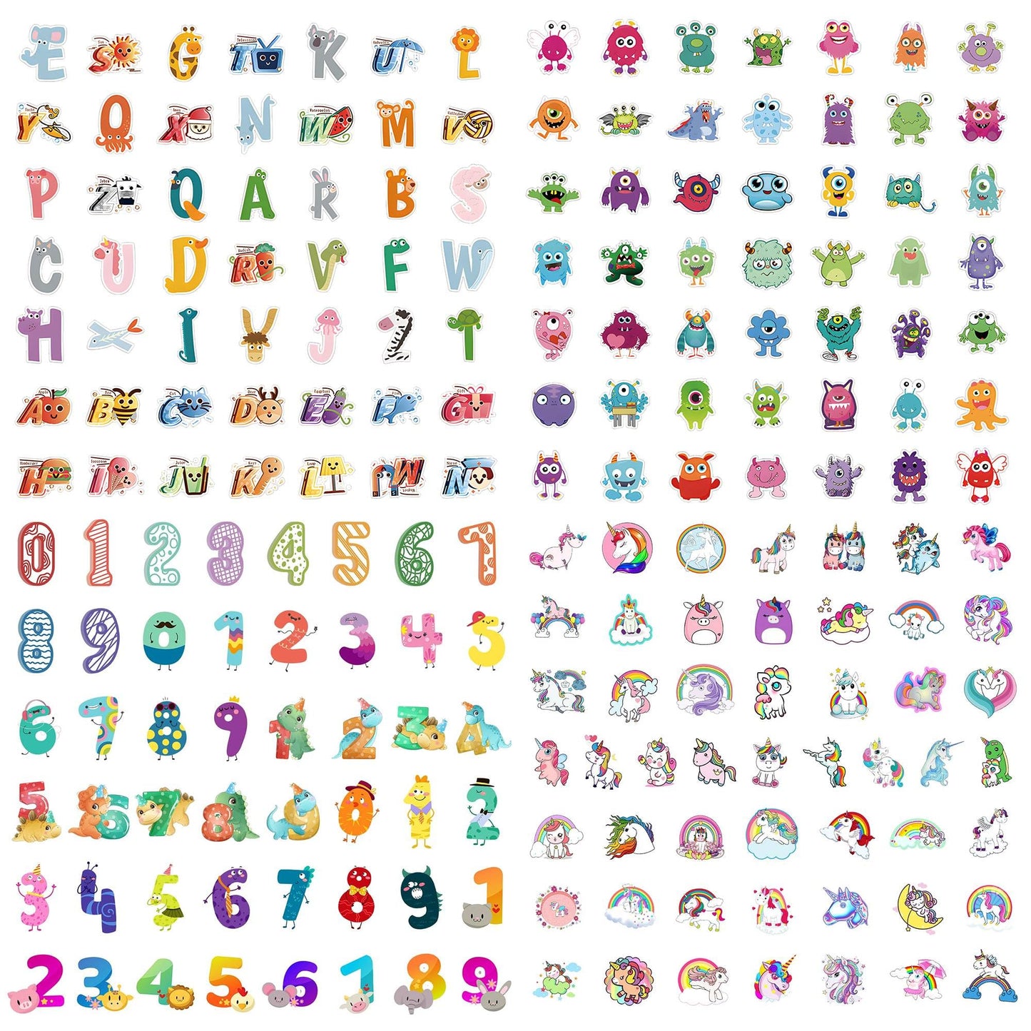 200pcs Reusable Waterproof Vinyl Stickers for Kids-Cartoon Animals Designs Unicorn Little Monster Numbers Letters, Laptop Skateboard No Residue Decals for Water Bottle (Boys&Girls) Bobiagooo
