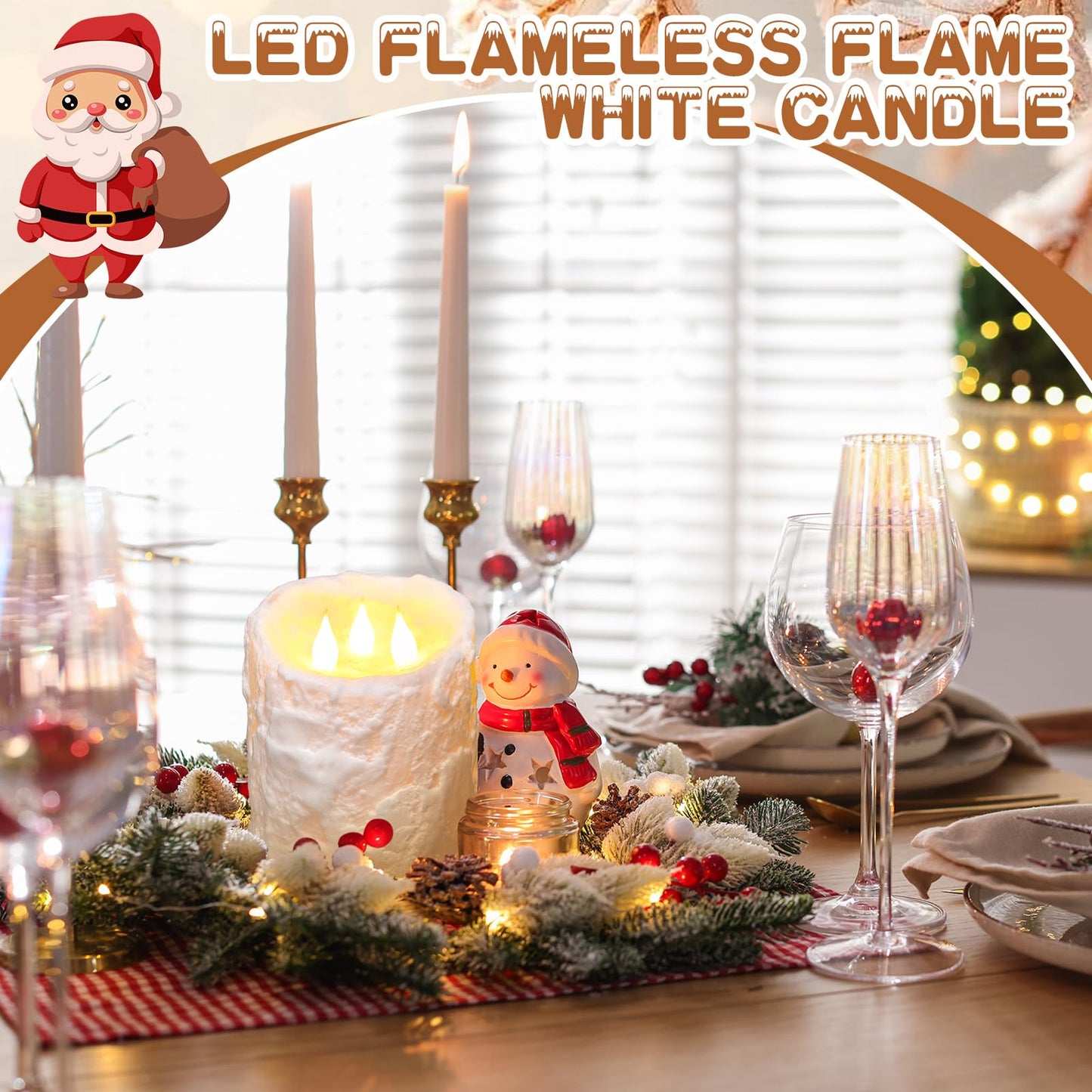 Baquler Large Flameless LED Battery Operated Pillar Candle - 3 Wick 5"x4"" Snowy Frosted White Flameless Christmas Fake Candle for Xmas Table Centerpiece Holiday Rustic Indoor Home Decor"