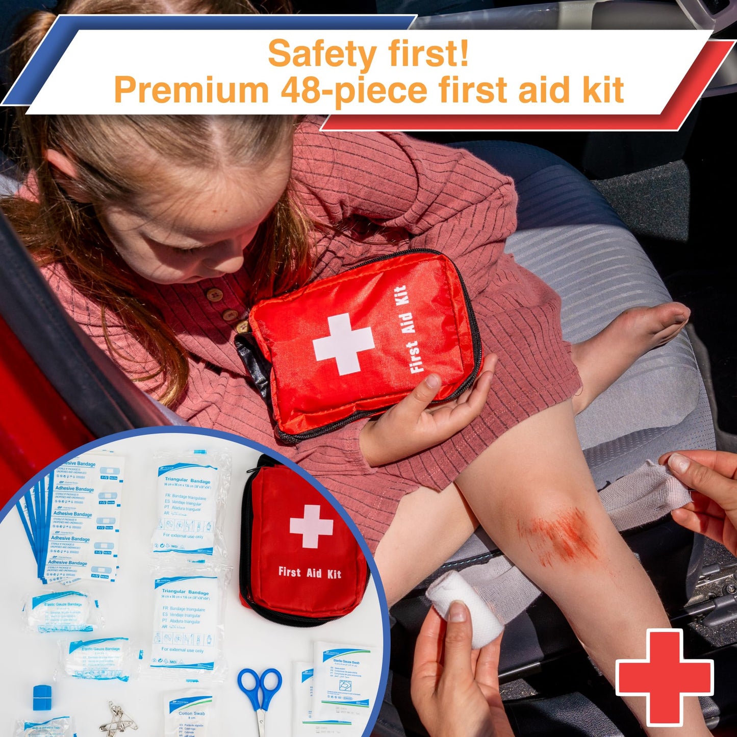 Car Emergency Kit with Air Compressor, Jumper Cables, First Aid, Tow Strap, Tire Gauge, Headlamp – Roadside Safety Kit for Women, Men, Teens