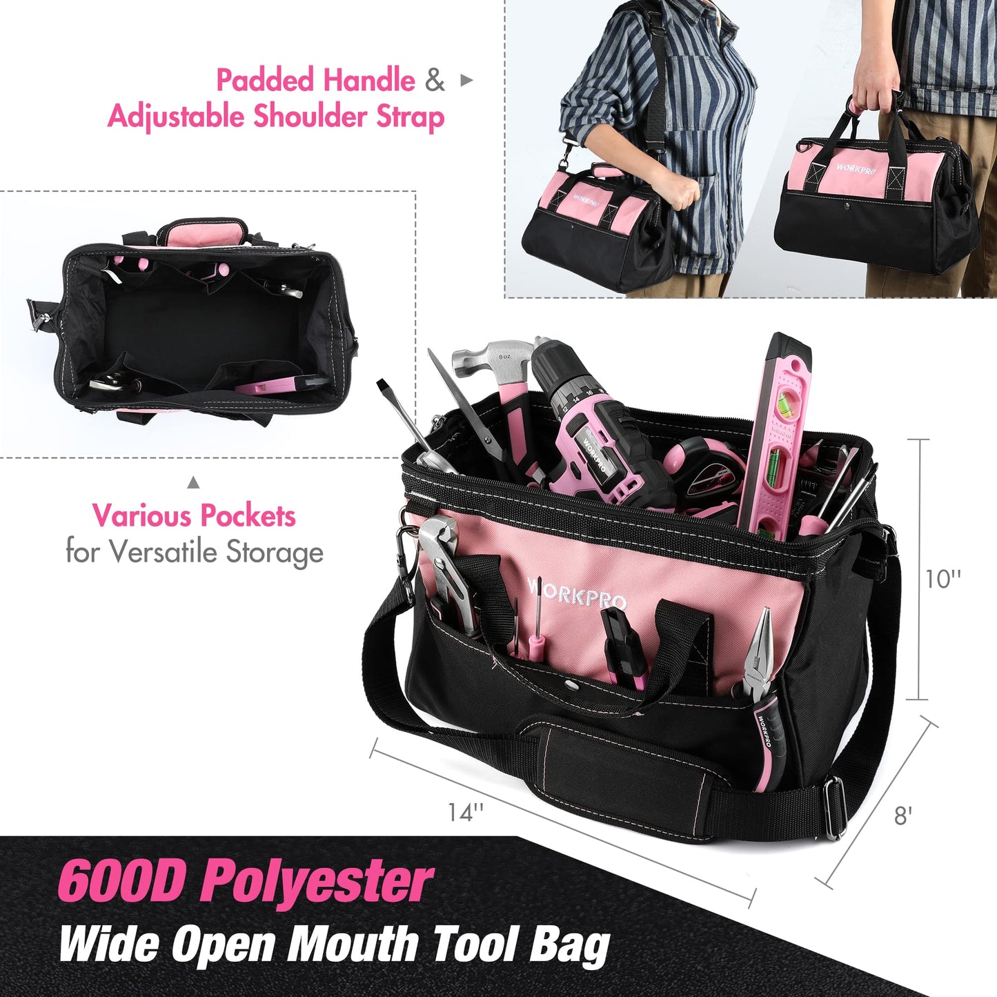 WORKPRO Pink Tool Kit with Drill, Tool Set with 20V Cordless Lithium-ion Drill Driver, Pink Drill Set for Women, 157PCS Home Tool Kit, Lady's Repairing Kit with 14-Inch Storage Bag - Pink Ribbon