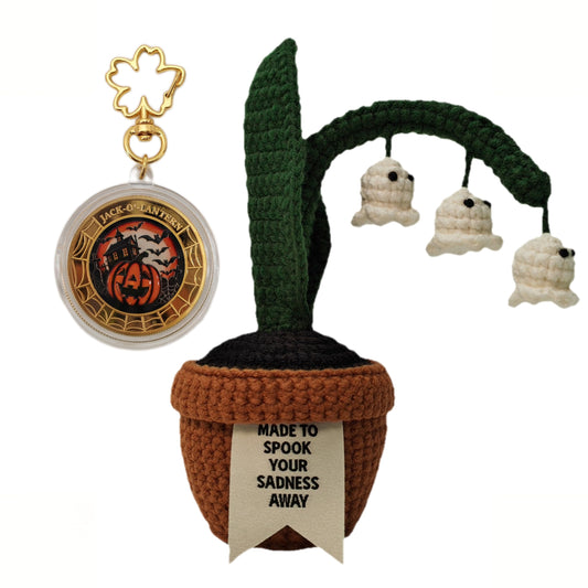 Acecare Halloween Crochet Ghost Lily of The Valley in Pot | Handmade Amigurumi Creepy Plant Decoration | Spooky Table Ornament, Trick or Treat Gift with Pumpkin Commemorative Coin