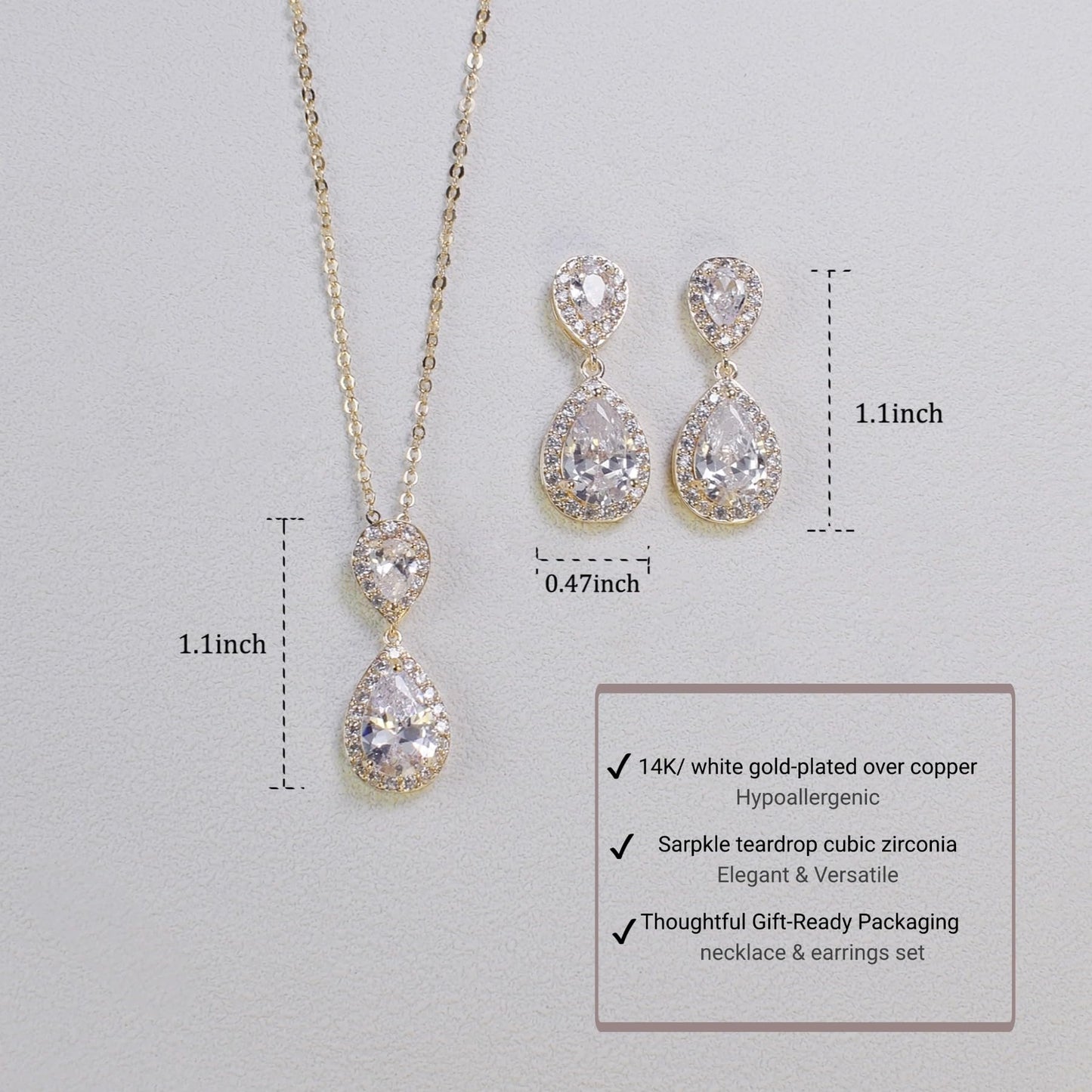 UDYLGOON Bridal Jewelry Set for Women, Cubic Zirconia Teardrop Bride Bridesmaid Necklace and Earrings Set for Wedding Prom Formal (14K Gold Plated)
