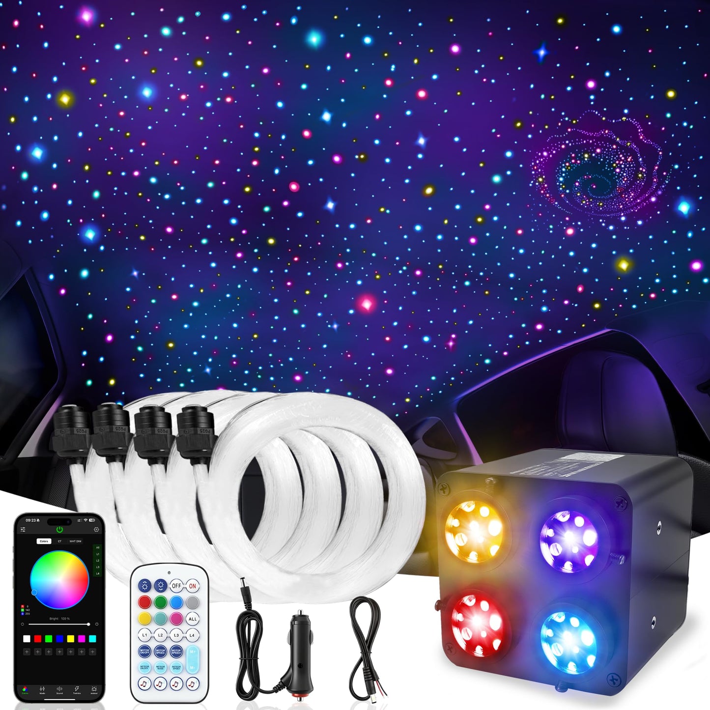 600PCS 32W Starlight Headliner Kit,4 Light Colors Twinkle Fiber Optic Star Ceiling Lights,0.03in*13.1ft/4m, App/Remote Control Rgbw Shooting Star Headliner Kit Car Roof Home Ceiling