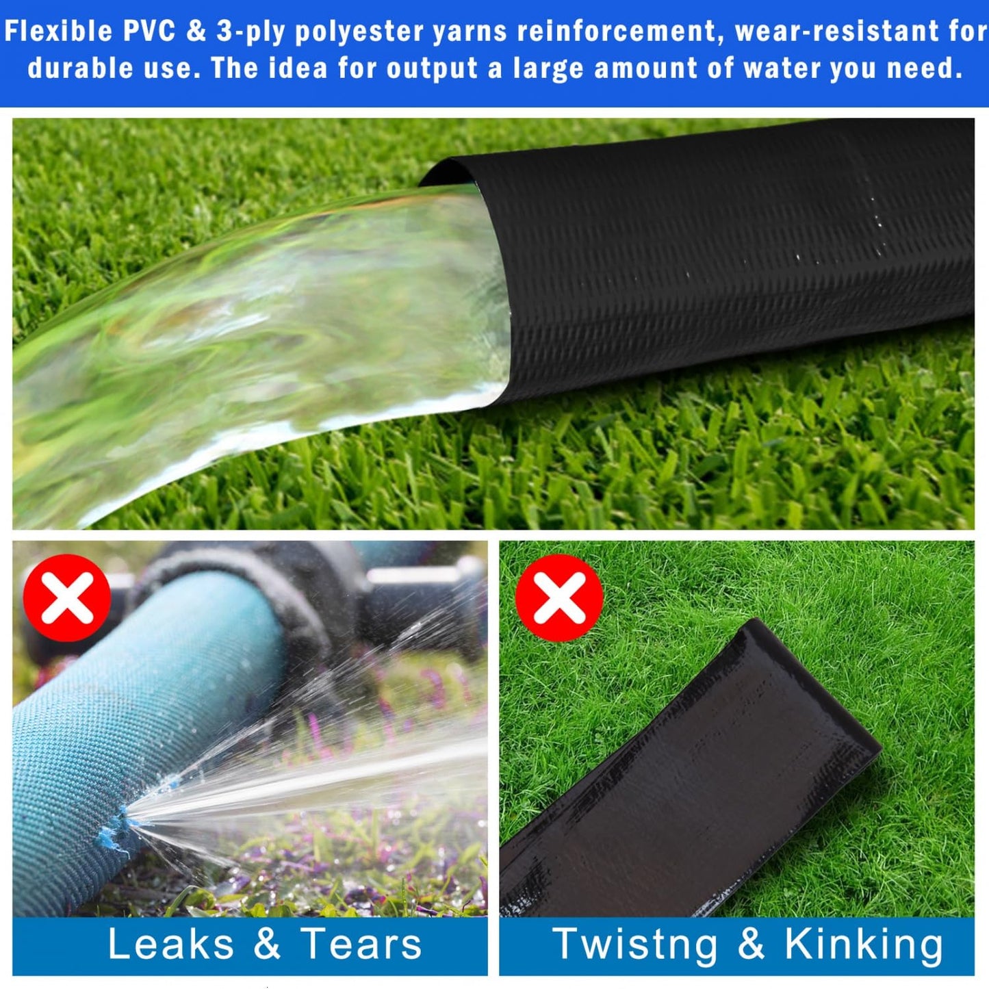 Gonioa Pool Backwash Hose 1 1/2 Inch Diameter x 25 Feet - Heavy-Duty PVC Pool Drain Hose, Reinforced Discharge Hose with Clamp for Swimming Pools, Black