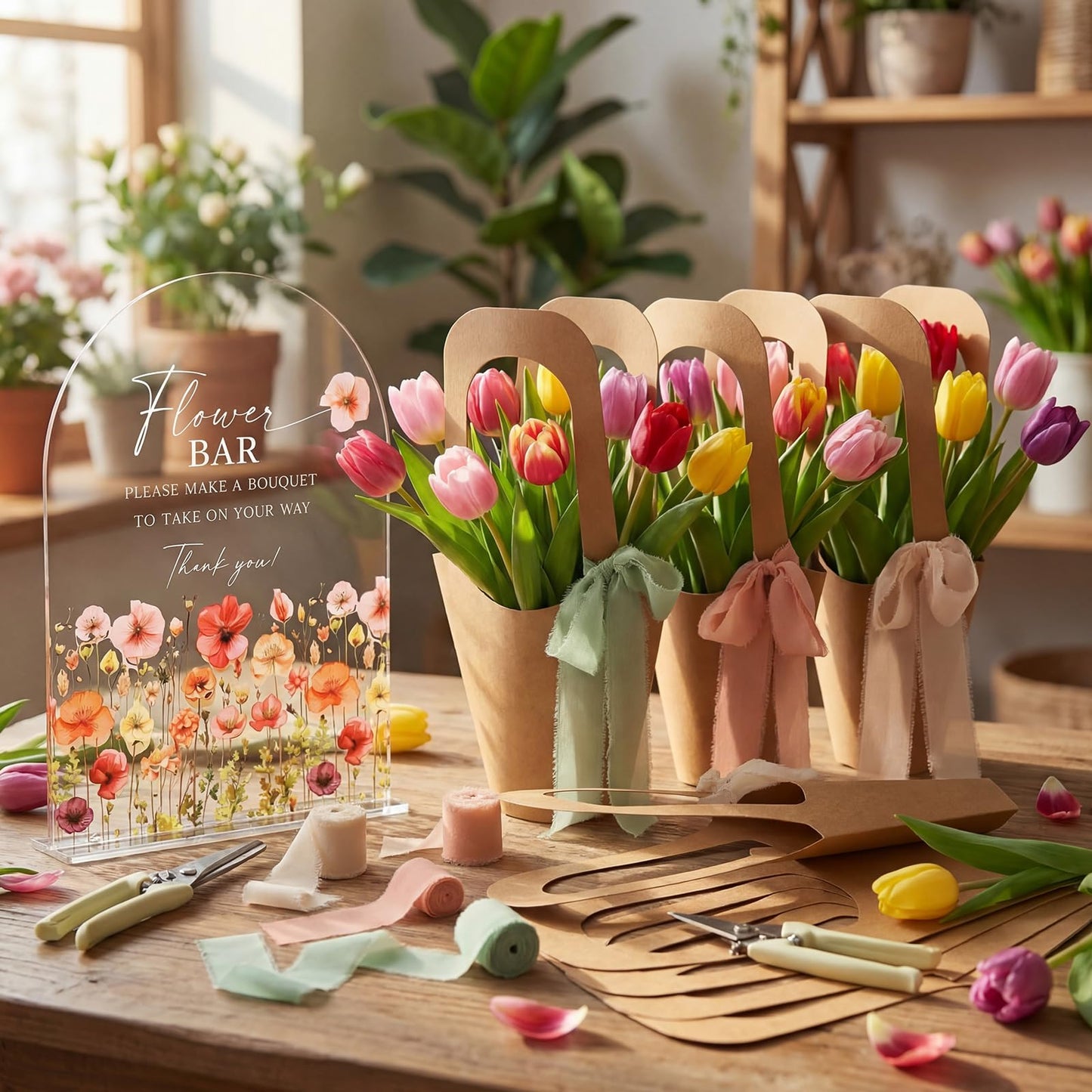 Kolldenn 37 Pcs Flower Bar Supplies Include Acrylic Flower Bar Sign Bouquet Wrapping Gift Bags with Handle Chiffon Ribbon Garden Scissors for Floral Bloom Decor (Arc)