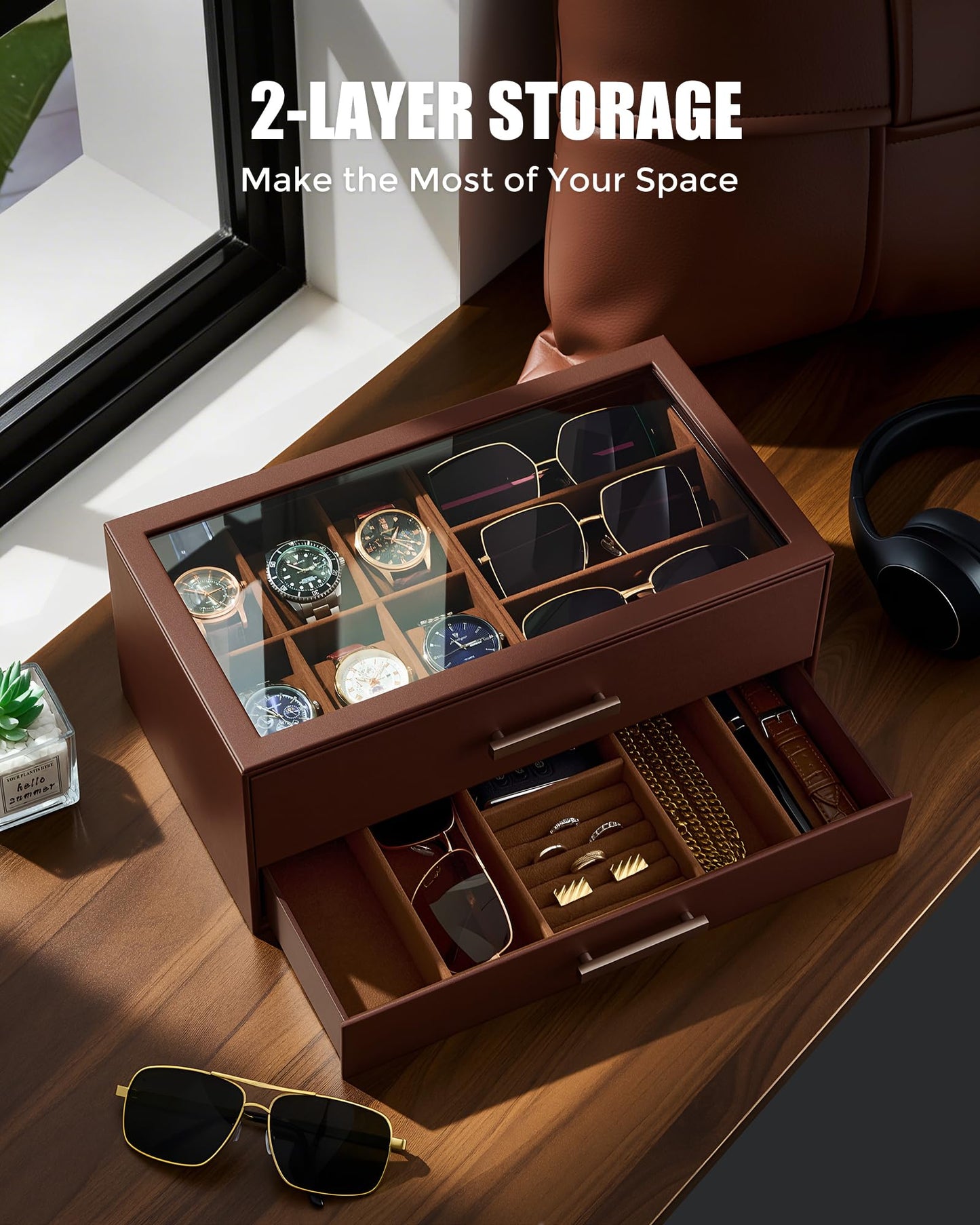 ProCase Mens Jewelry Box, 6 Slot Watch Case with Drawer & Glass Display Top, 2-layer Watch Holder Storage for Watches, Sunglasses, Rings, Bracelets, Jewelry Organizer, Gift for Men -Espresso