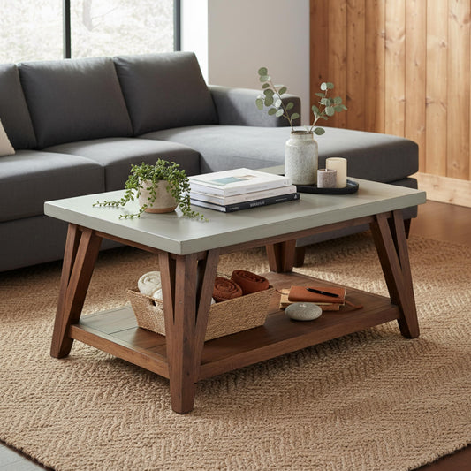 Alaterre Furniture Brookside Coffee Table with Lower Shelf – Modern Rustic Farmhouse 36-Inch Living Room Table with Solid Wood Base and Concrete-Coated Top (Brown and Light Gray)