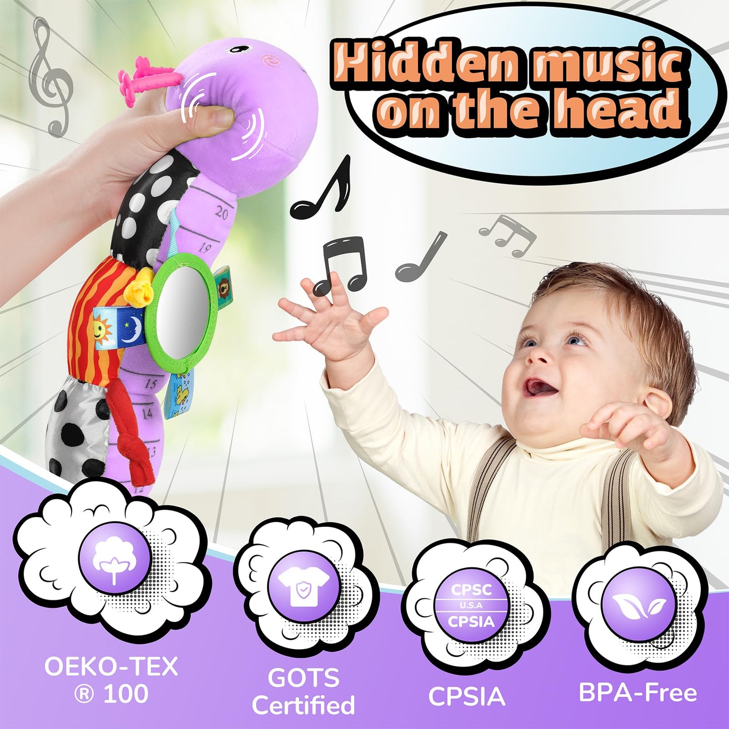 LIGHTDESIRE Baby Toys Musical Caterpillar,Infant Toys 3 6 12 Months Sensory Toy with Ruler Design,Mirror,Pull String,Crinkle&Ring Bell,Baby Teething Toy for Tummy Time Boy Girl Gifts (Lavender Purple)