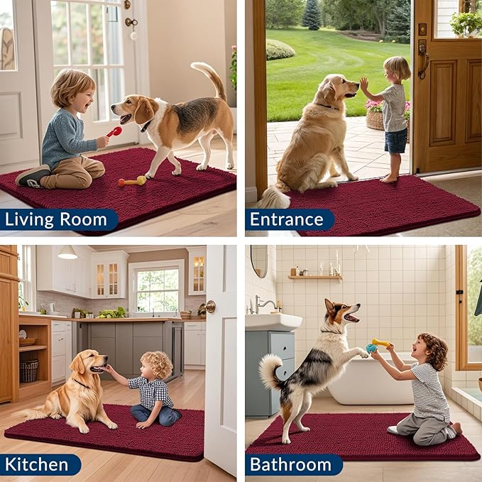 Smiry Dog Door Mat for Muddy Paws 47x24, Absorbs Moisture and Dirt Doormat, Non-Slip Washable Quick Dry Chenille Front Door Mat Indoor Entrance, Entryway Carpet for Inside Floor, Red