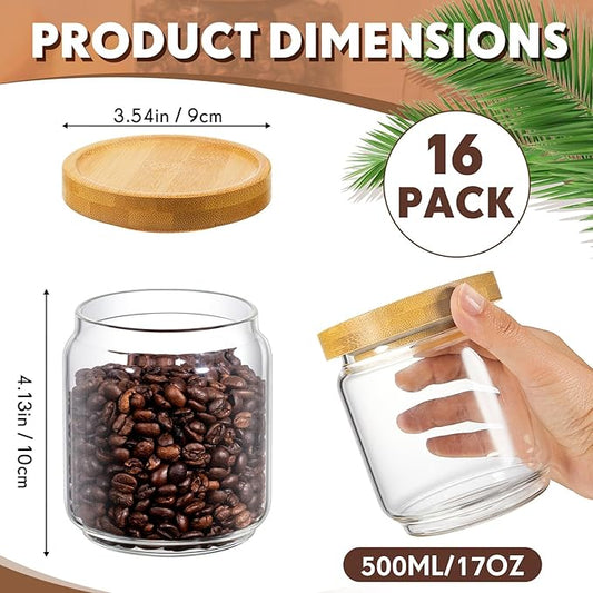 Irenare 16 Pack Glass Containers Canister Set, 17 oz Food Storage Spice Jars with Airtight Lids, Clear Kitchen Containers for Coffee Sugar Tea Beans Nuts Candy Pantry Organization (Bamboo)