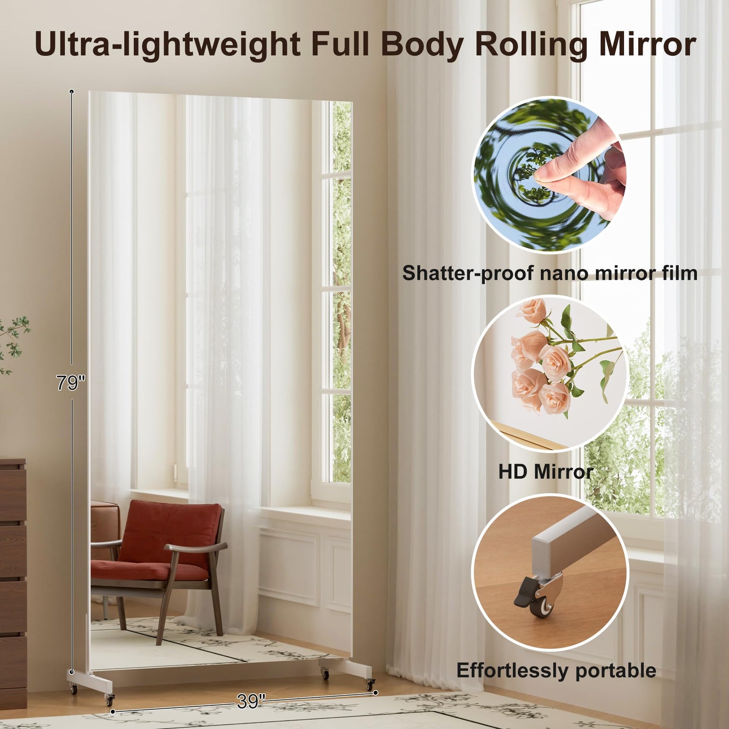 brisafe 79"x40" Ultra-Light Mobile Floor Mirror with 360° Wheels, 0.04mm Shatterproof Nano Film for Home Gym/Yoga/Dance Studio & Commercial Use (60% Insurance Savings, Silver, 9.38LB)