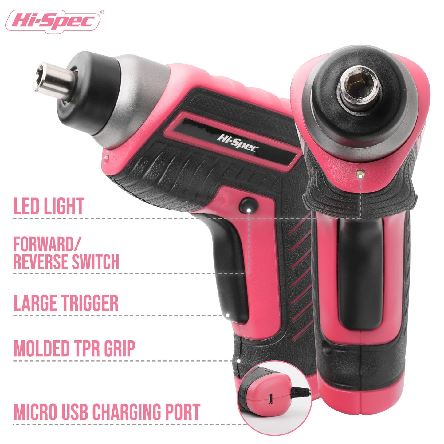 Hi-Spec 35-Piece Tool Kit with 3.6V USB Small Electric Screwdriver Set, Pink Drill Set for Women, Tool Kit for Home