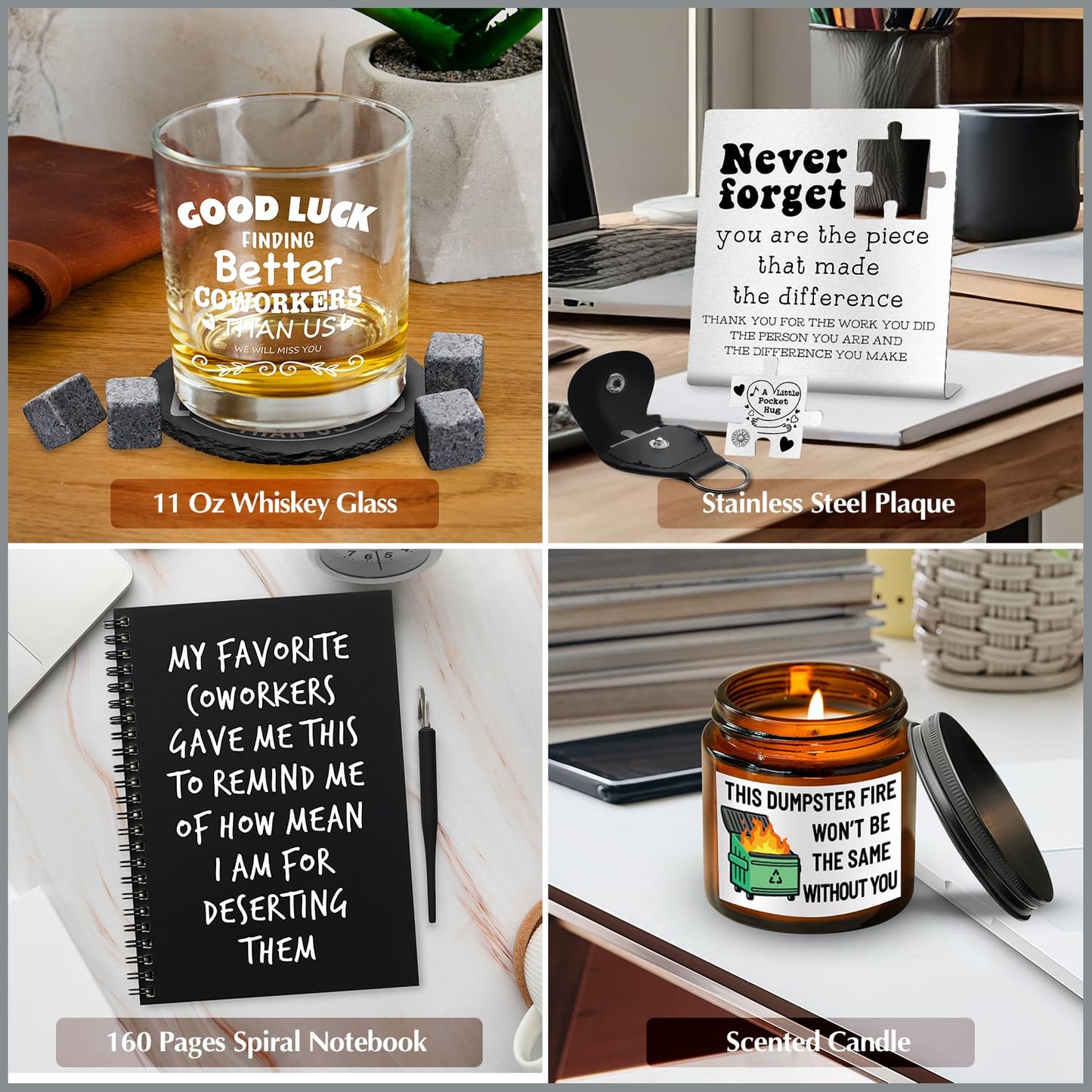 15 Pcs Coworker Leaving Gifts, Farewell Gifts, Going Away Gift with 11 Oz Whiskey Glass 4 Whiskey Stones Coaster Plaque Notebook Candle Bracelet, New Job, Good Luck Gift for Coworker Boss Friends Men