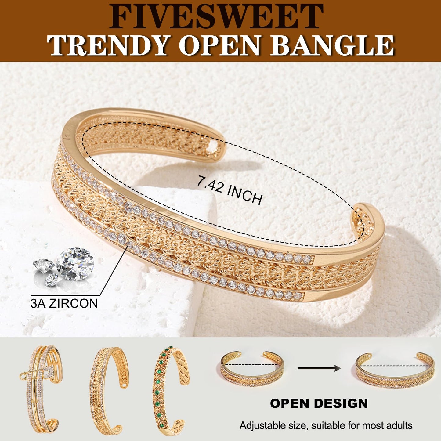 FIVESWEET 3PCS Open Cuff Bangle Bracelet Jewelry Set for Women, Zinc Alloy with 3A Zircon Silver Trendy Stackable Bracelets, 2.4 Inch Diameter Fits Most Adults,Gift for Her, Girlfriend, Wife, Mom, Sister, Lover on Birthday, Christmas, Valentine's Day, Mot