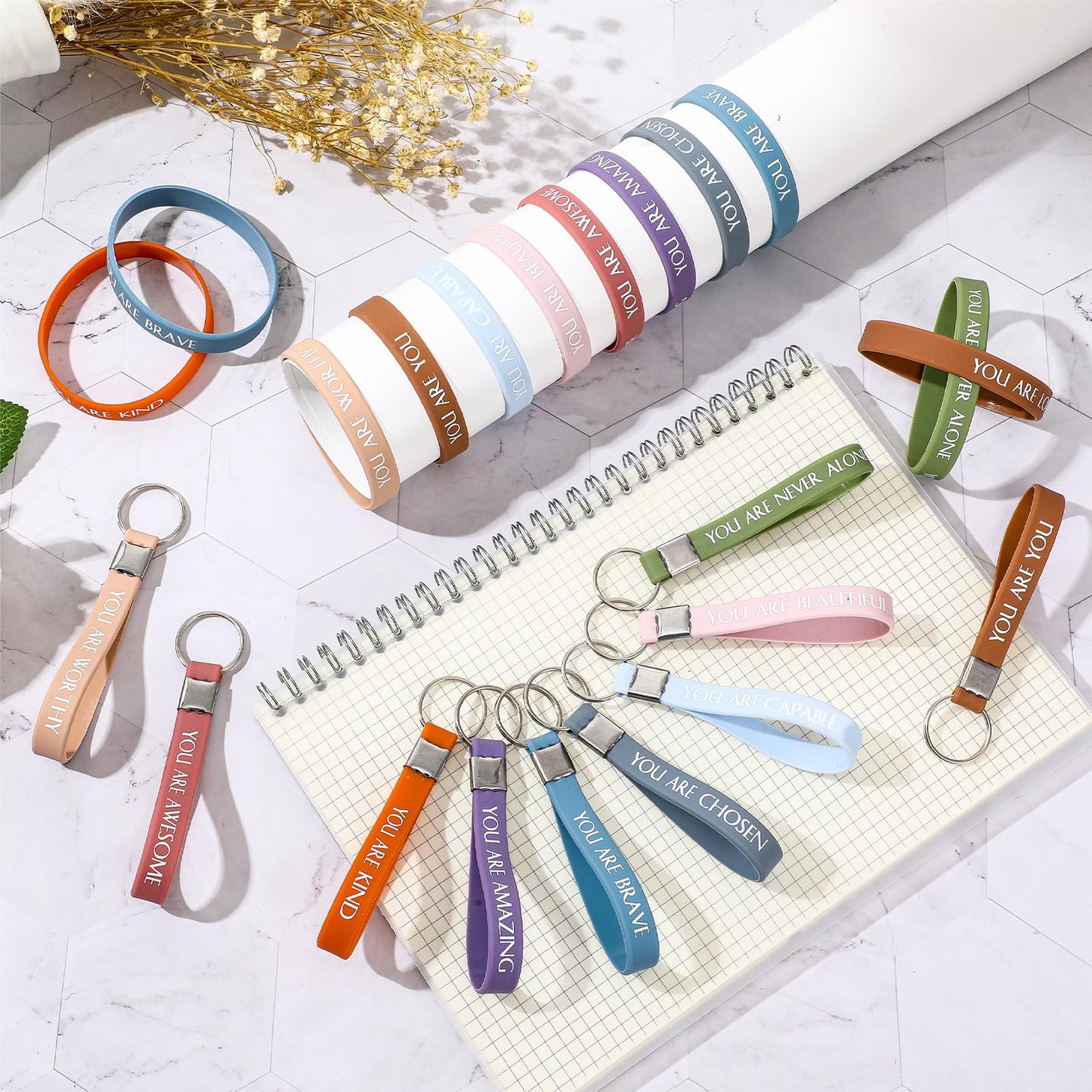 Sratte 120 Pcs Motivational Wristbands Employee Appreciation Gifts Inspirational Keychains for Coworkers Volunteer(Multi Colors)