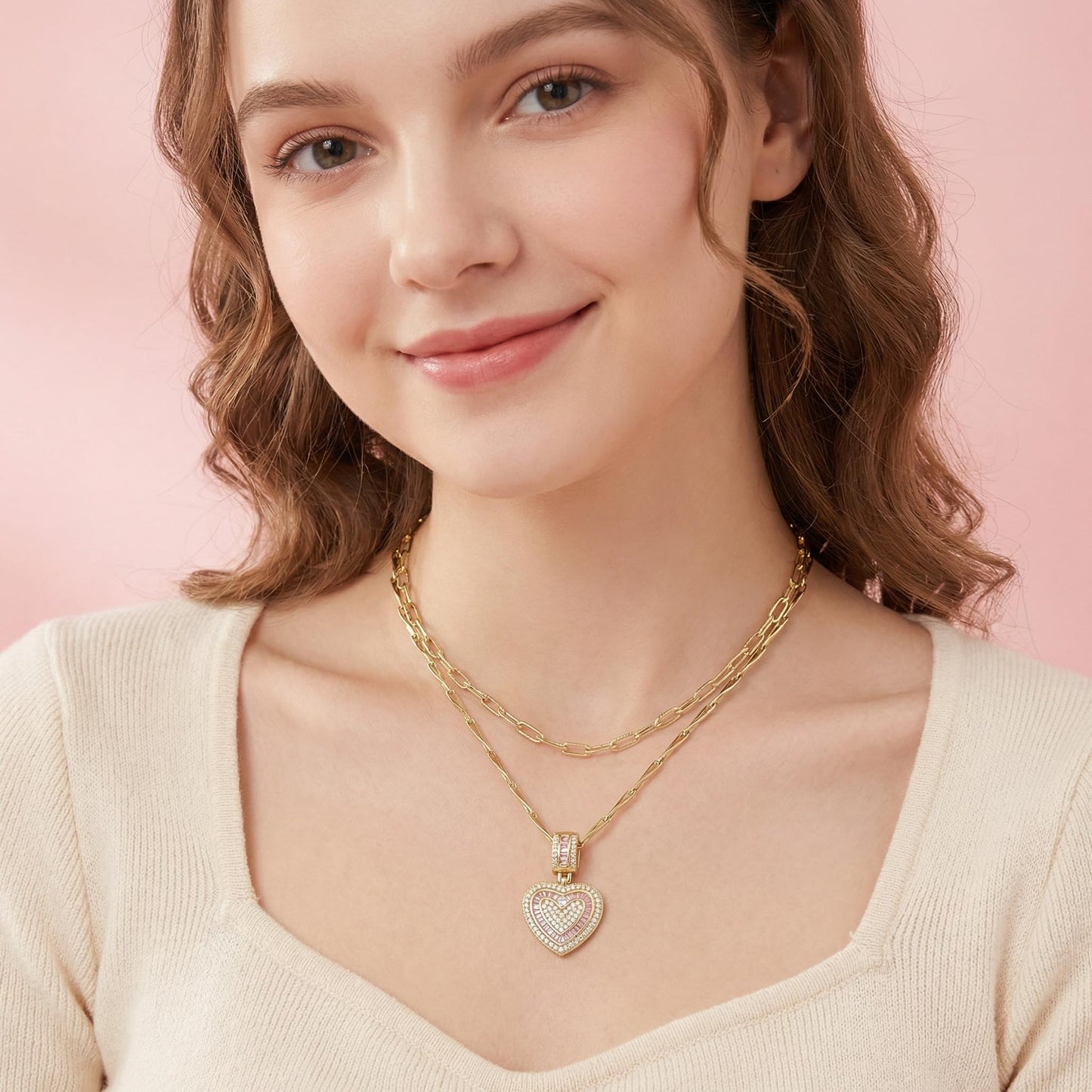 MEIITRUE Heart Necklaces for Women Trendy 14k Gold Plated Dainty Layered Necklace Set Cubic Zirconia Love Pendant Choker Thin Paperclip Chain Stackable Jewelry Gift Pink