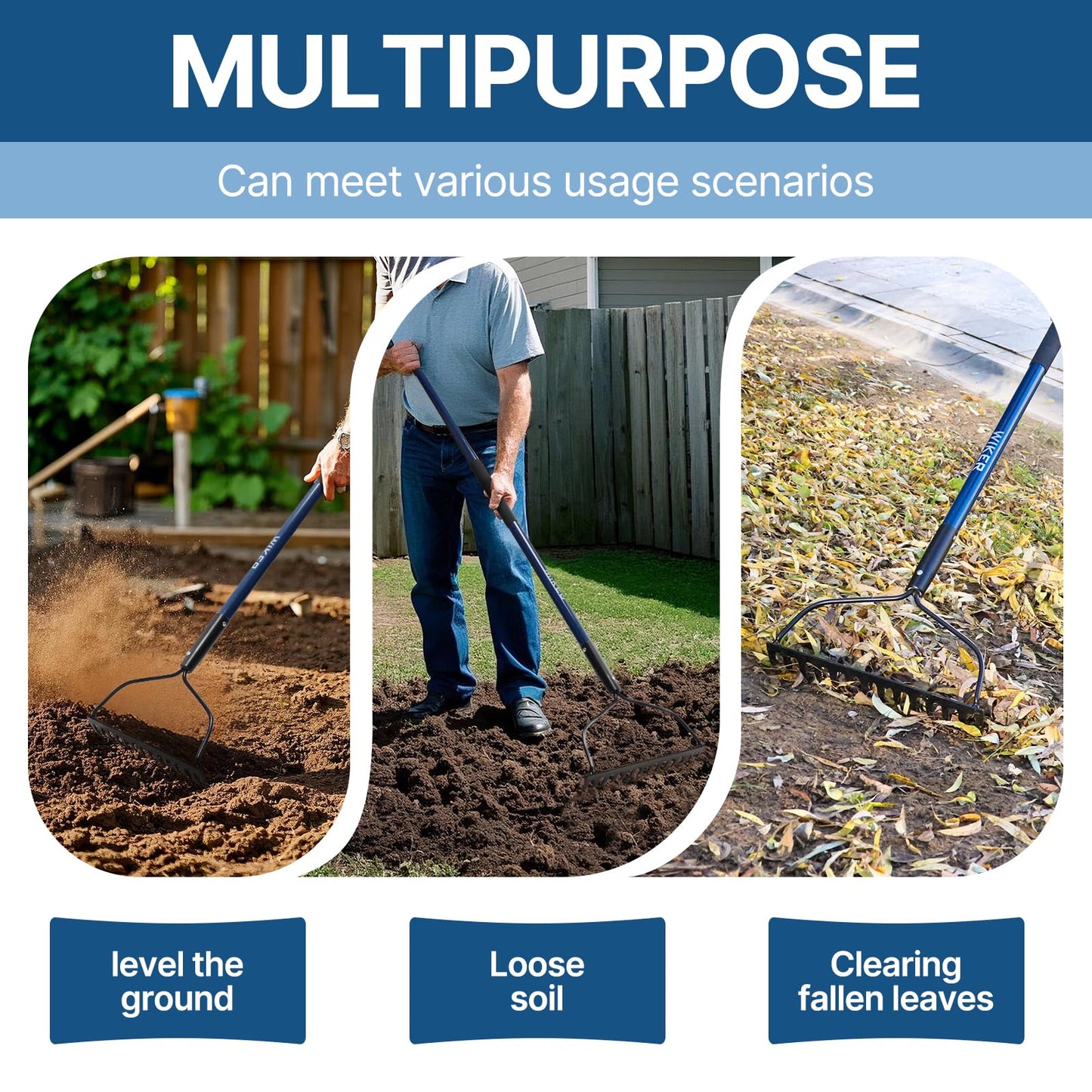 WIKER Heavy Duty Metal Rake – 57" Fiberglass Handle Garden Rake – 14-Tine Steel Rake for Soil, Gravel, Leaves – One-Piece No-Slip Design for Gardening & Landscaping