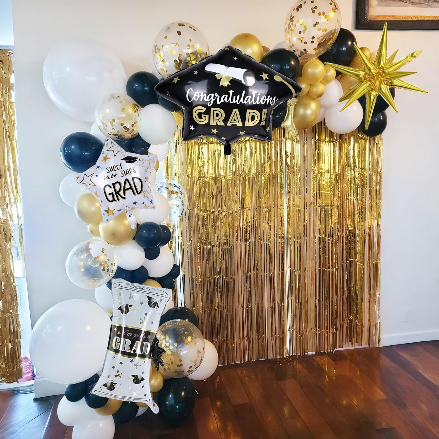 Graduation Balloon Arch Garland Kit 2026, Black Gold Confetti White Graduation Decorations with Foil Grad Cap Diploma Star Balloons for Congrats Class of 2026 Graduates Celebrations Party Decorations