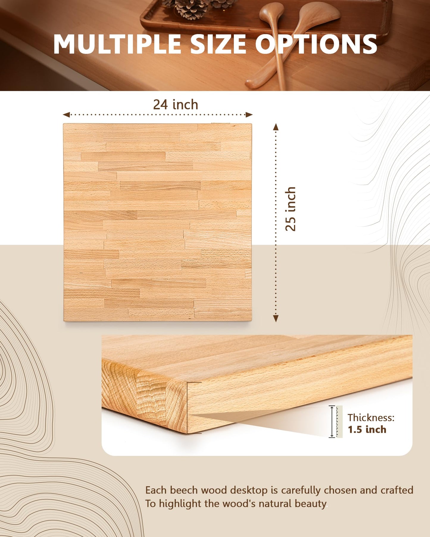 24"x25" Butcher Block Countertop, DIY Beech Countertop, 1.5'' Thick Waterproof Table Top, Used as Cutting Board, Office Desk Tops, Living and Dining Room Tables, Laundry Counters, Kitchen Island