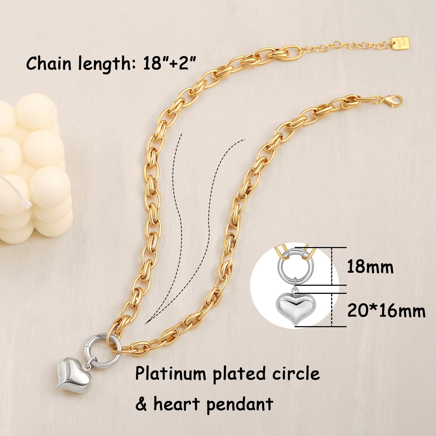 CANEVINKA 18K Gold Plated Chunky Two Tone Necklace for Women Gold and Silver Puffy Heart Necklaces Vintage Statement Jewelry