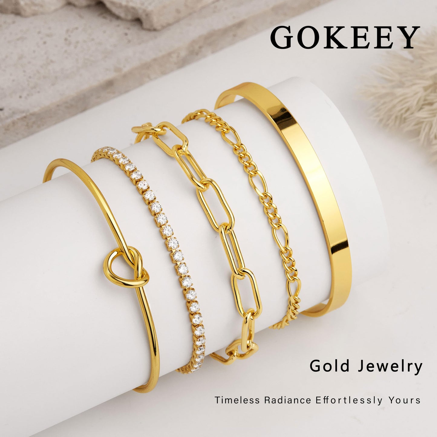 Gokeey Gold Cubic Zirconia Classic Tennis Bracelets for Women Trendy 14K Gold Plated Bangle Cuff Bracelet Set for Women Love Tike Knot Paperclip Figaro Bracelet Stack No Tarnish Bracelets Waterproof Simple Fashion Jewelry Gifts