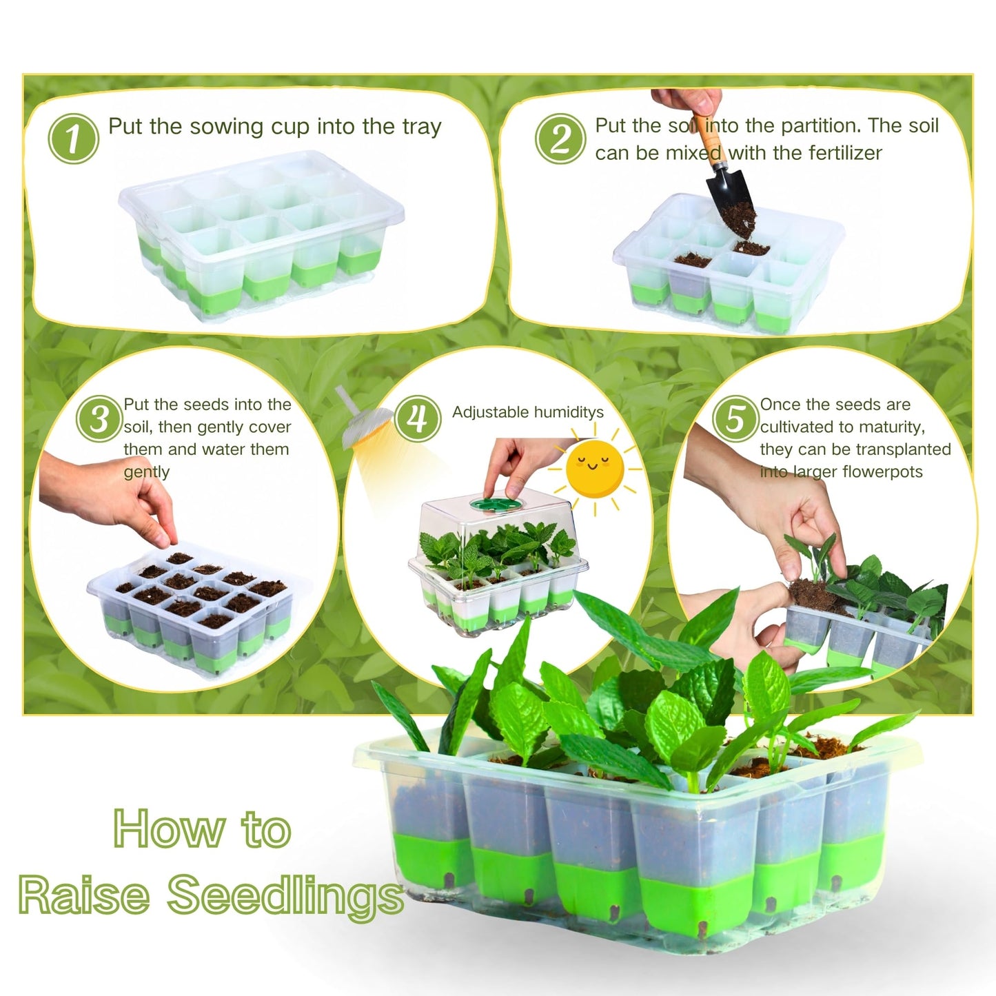 ZSYWODFO Silicone Seed Starter Tray with Humidity Dome, Indoor Seedling Starter Kit, 5-Pack Flexible Germination Trays - Adjustable Vent, Reusable & Dishwasher Safe for Herbs/Vegetables/Flowers