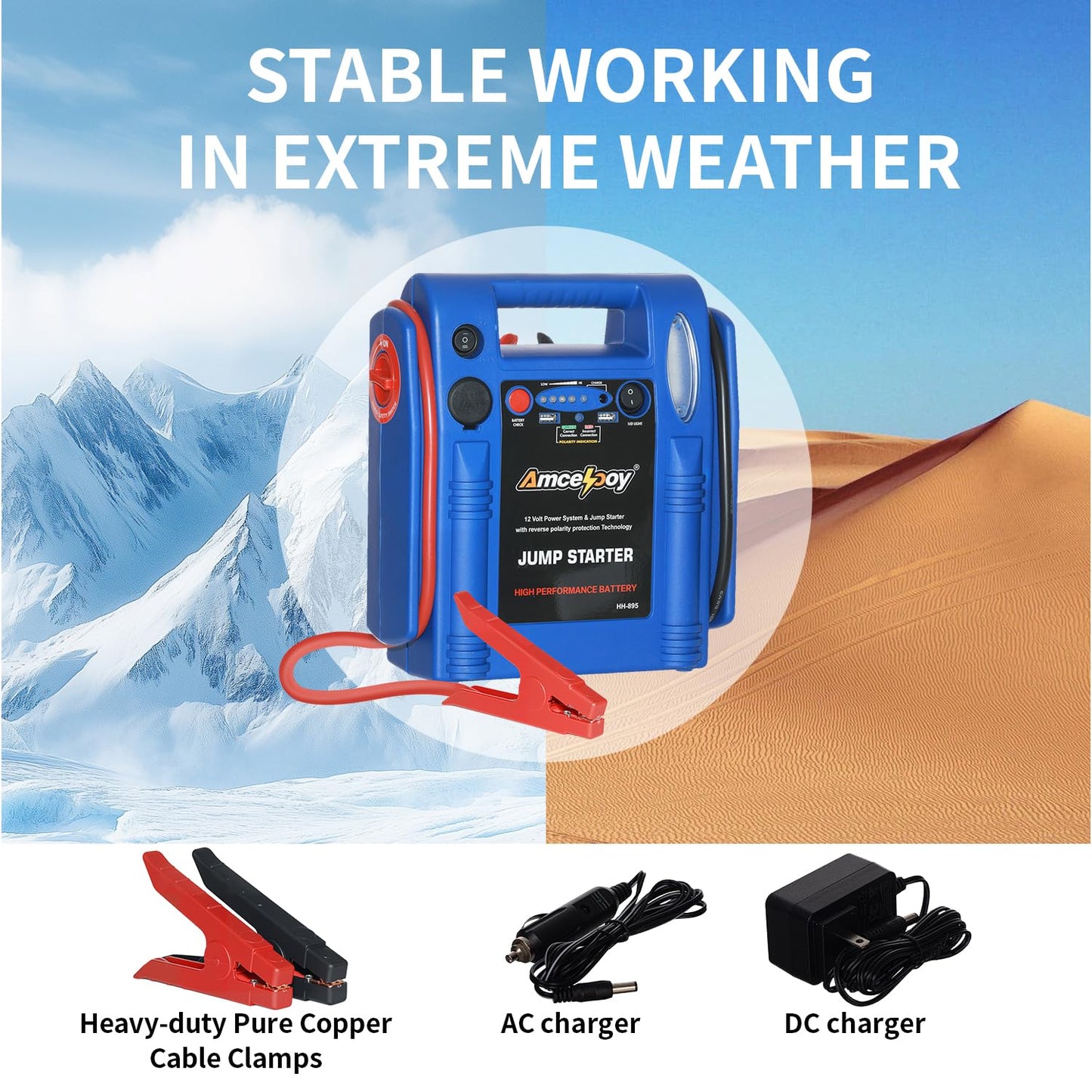 Amcelooy 2000 Peak Amp Car Battery Jump Starter, 12V Booster for Up to 8.0L Gas & 8.0L Diesel Engines, Portable Jump Box with LED Light, USB & DC Ports