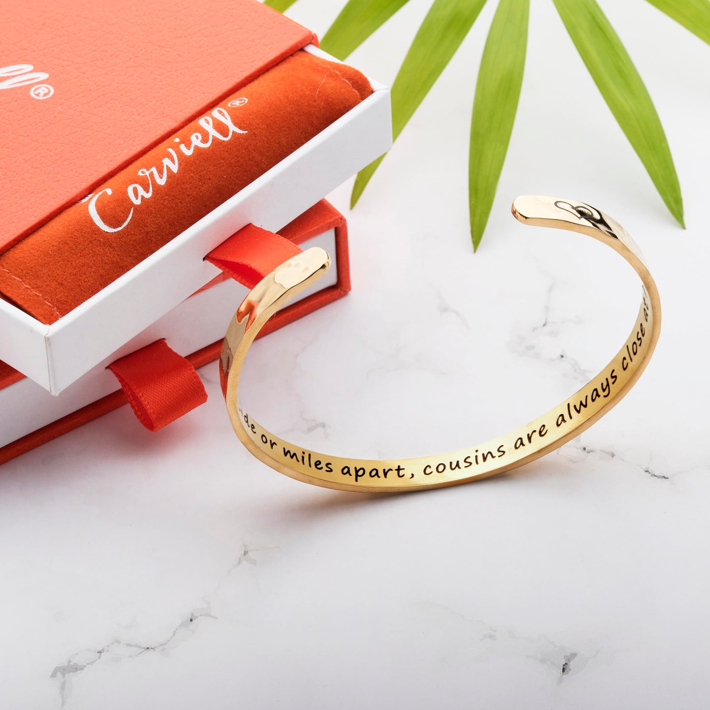 Carviell Gold Cousin Bracelet for Women– “Side by Side or Miles Apart, Cousins Are Always Close at Heart” Engraved Cuff, Cousin Gift for Women, Birthday, Christmas, or Friendship Jewelry