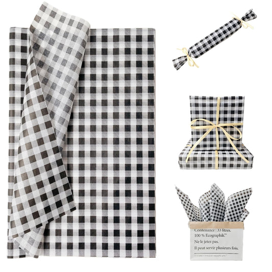 150 Sheets Buffalo Plaid Tissue Paper Gingham Black and White Checkered Tissue Paper Bulk Gift Bags Wrapping Tissue for Christmas DIY Art Craft Wedding Birthday Baby Shower Decor, 14 x 20 Inches