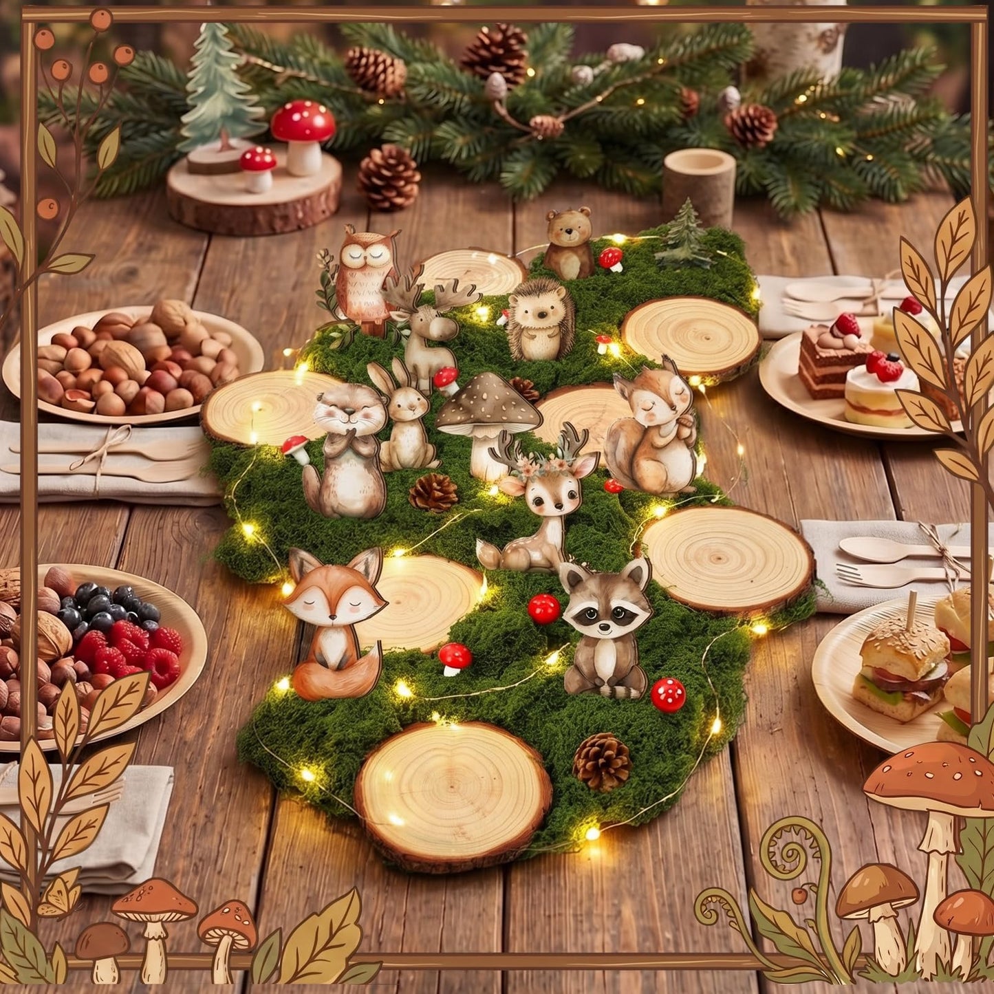 FineCheer 39 Pcs Woodland Animal Table Centerpieces Kit, 12 Forest Animals Wood Cutouts with Wood Rounds Moss Pine Cones Mushroom Decorations for Baby Shower Birthday Party Decor Set Nursery Supplies