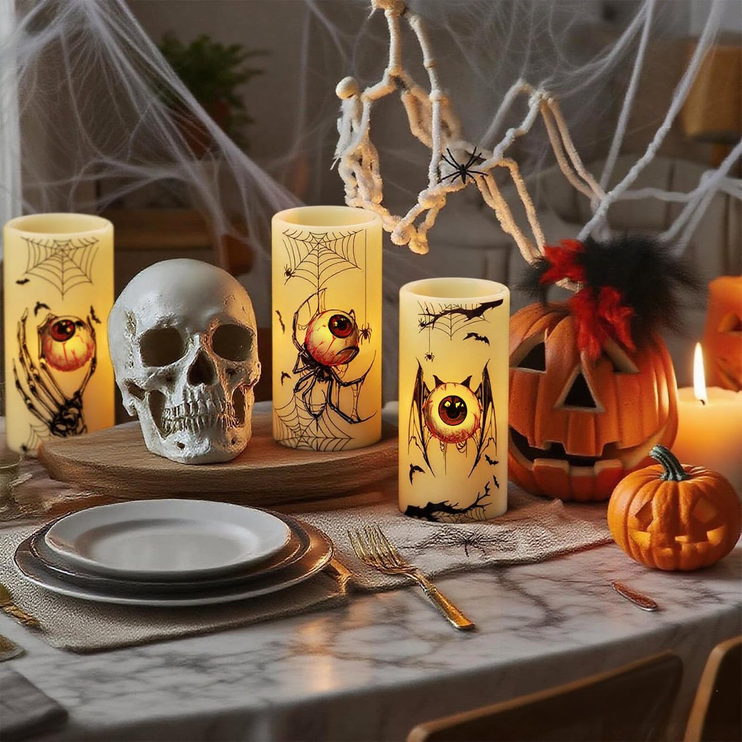 DRomance Halloween Flameless Flickering Candles Battery Operated with Timer, 3 Pack Real Wax LED Pillar Candles Spooky Bloody Eyes Spider Decals Dinner Halloween Decorations Indoor(3" D x 6"" H)"