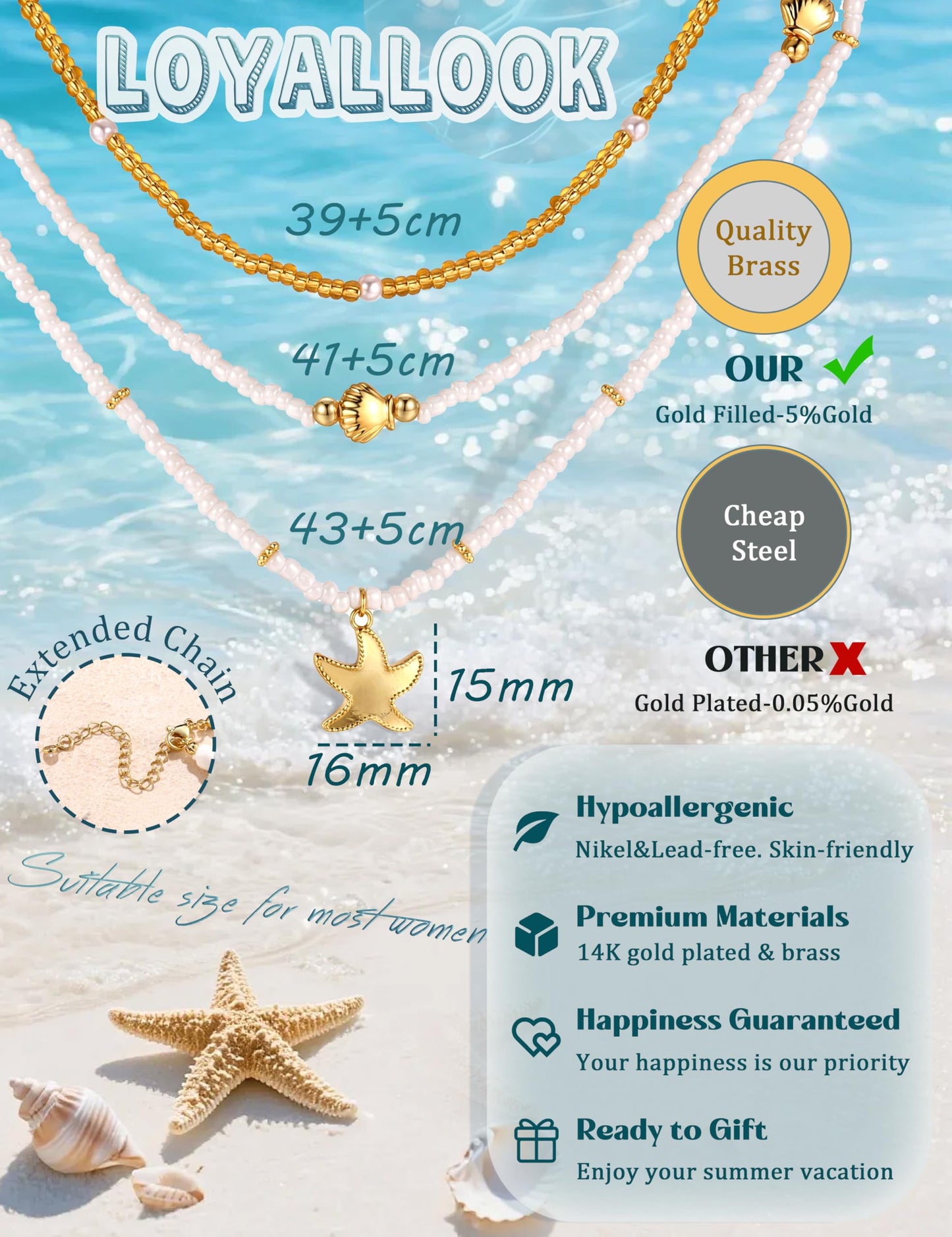 LOYALLOOK Bead Necklace for Women, 14k Gold Plated Dainty Layered SeaShell Starfish Beaded Charm Necklace Stack, Non Tarnish Waterproof Gold Beach Accessories for Summer Vacation 3pcs