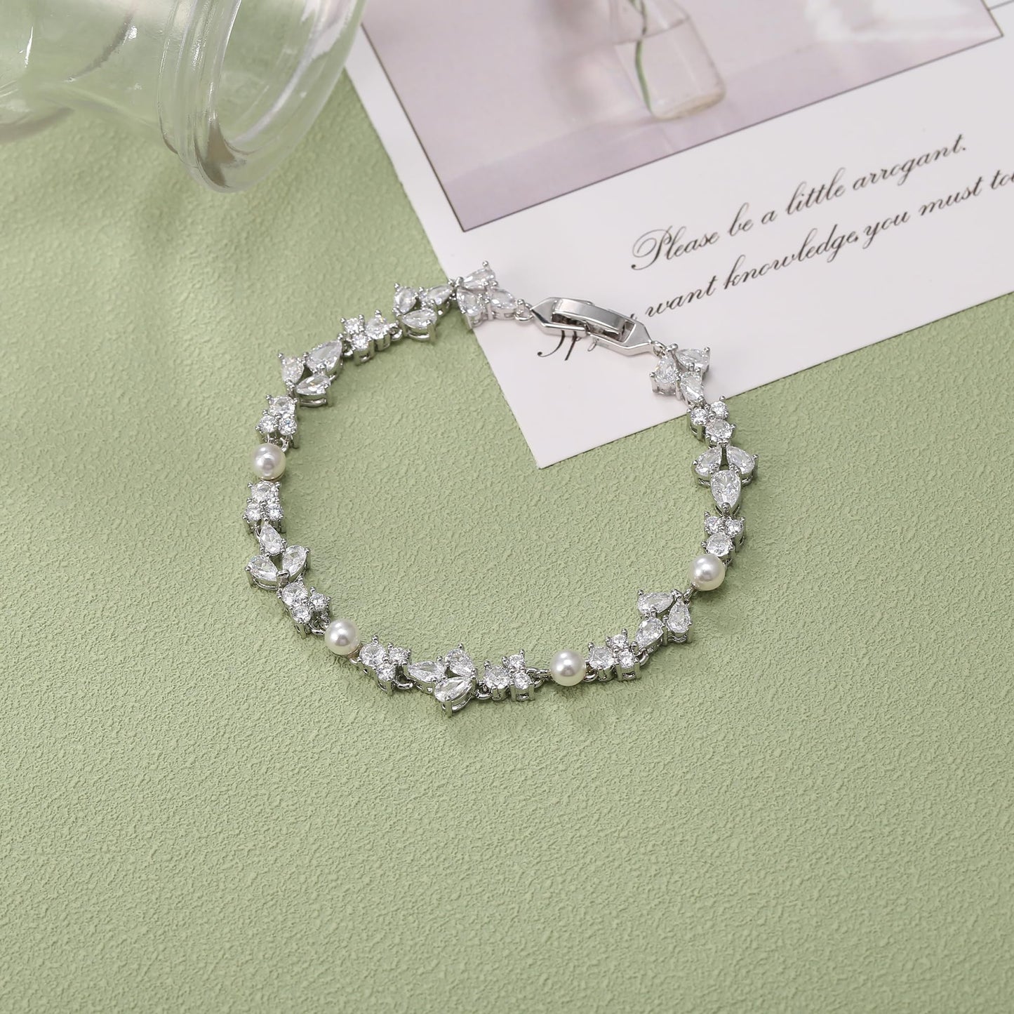 EVER FAITH Faux Pearl Wedding Jewelry for Bride Bridesmaid, Gorgeous Cubic Zirconia White Gold-Plated-Brass Cream Simulated Pearls Teardrop Tennis Bracelet for Women