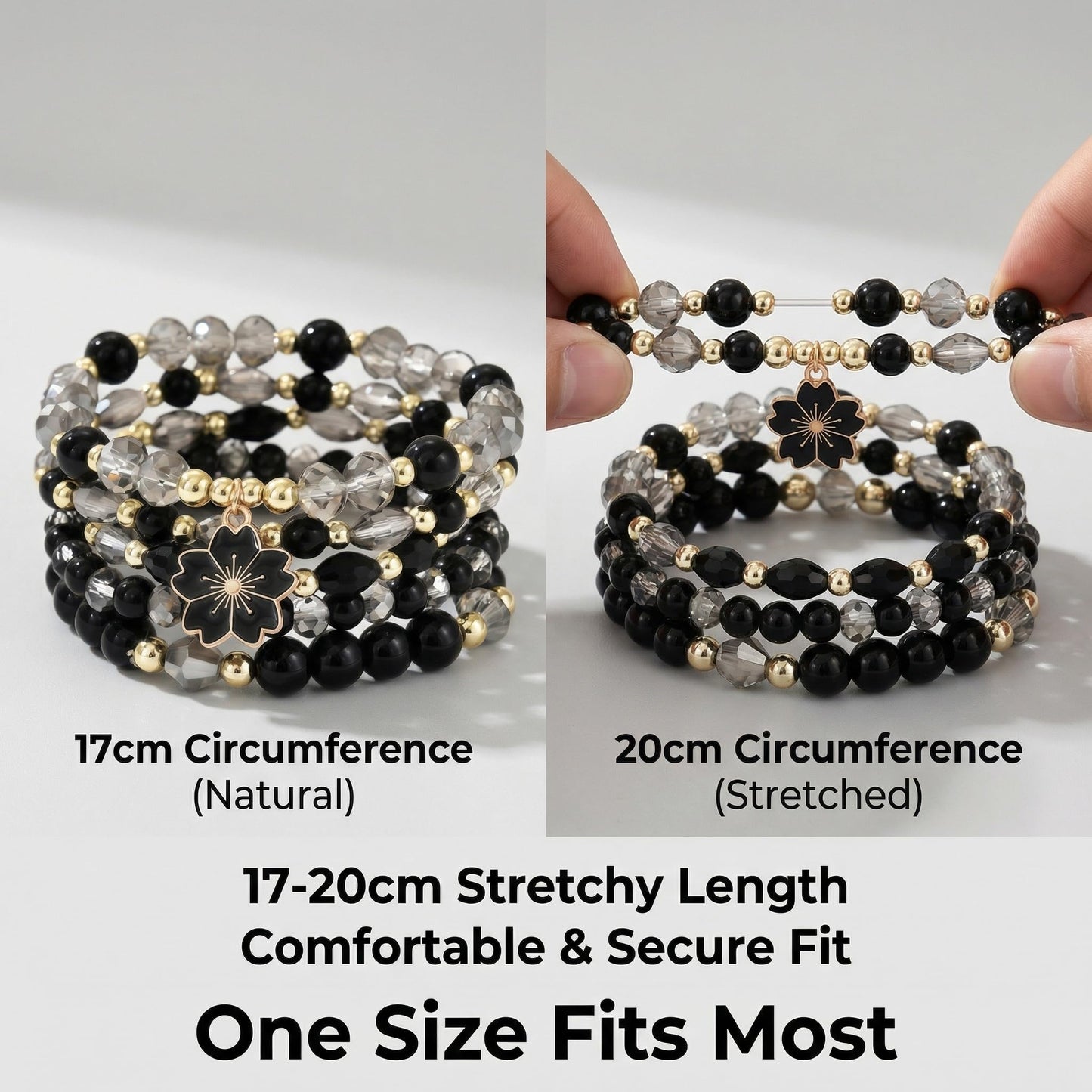 LOTSOF Boho Flower Beaded Bracelet Set for Women - Multilayer Crystal & Flower Charm Stackable Bracelets, Fashion Jewelry Gift for Her (Black)