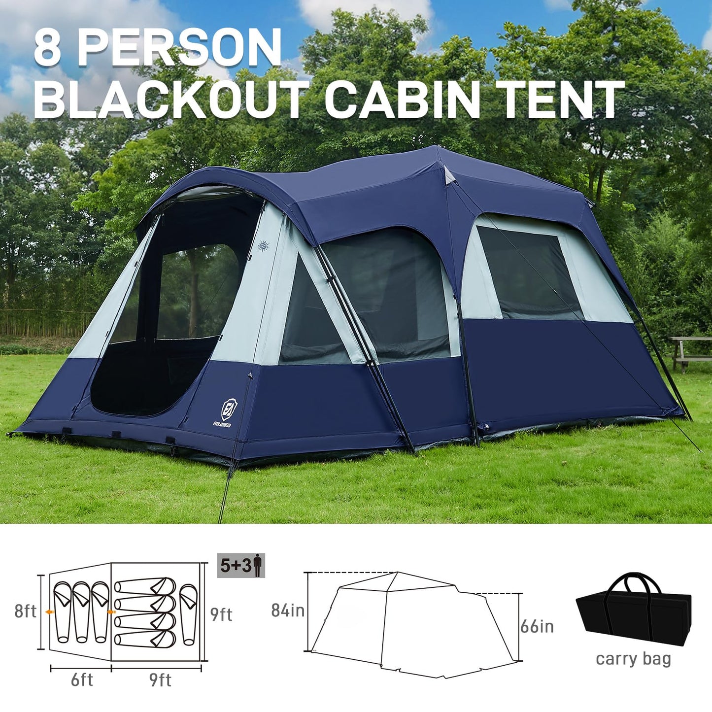 EVER ADVANCED 8 Person Blackout Design Cabin Tent, Camping Tent with Multi Room, Family Tent with Extra Porch and Rainfly, 2 Rooms Huge Portable with Carry Bag, Water Resistant