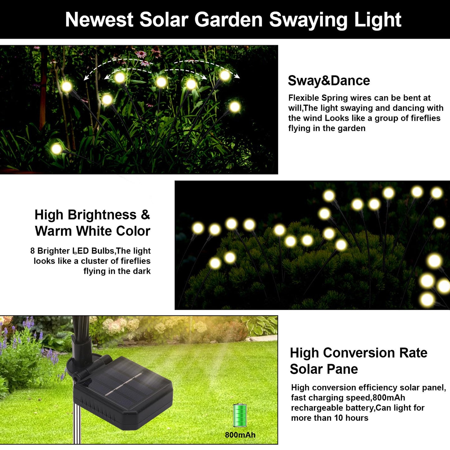 Galavasen Firefly Lights Solar Outdoor, 8 Modes 800mAh Swaying Solar Firefly Garden Lights Stakes Outdoor Waterproof for Outside Yard Patio Plant Christmas Holiday Garden Decor Warm White(6 Pack)