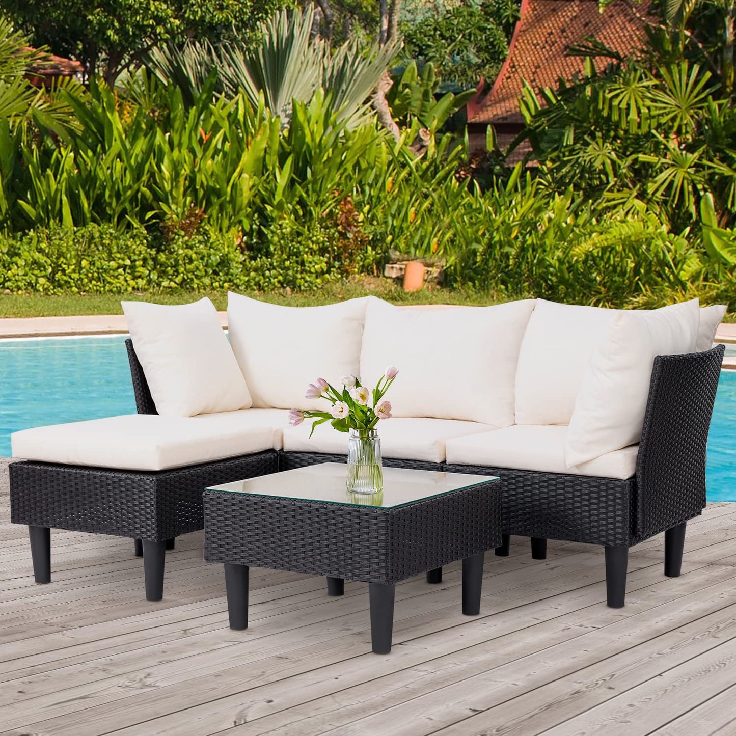 5 Pieces Patio Furniture Sets Outdoor Sectional Sofa Rattan Chair Wicker Conversation Set for Outdoor Backyard Porch Poolside Balcony Garden Furniture with Coffee Table,Khaki Cushion